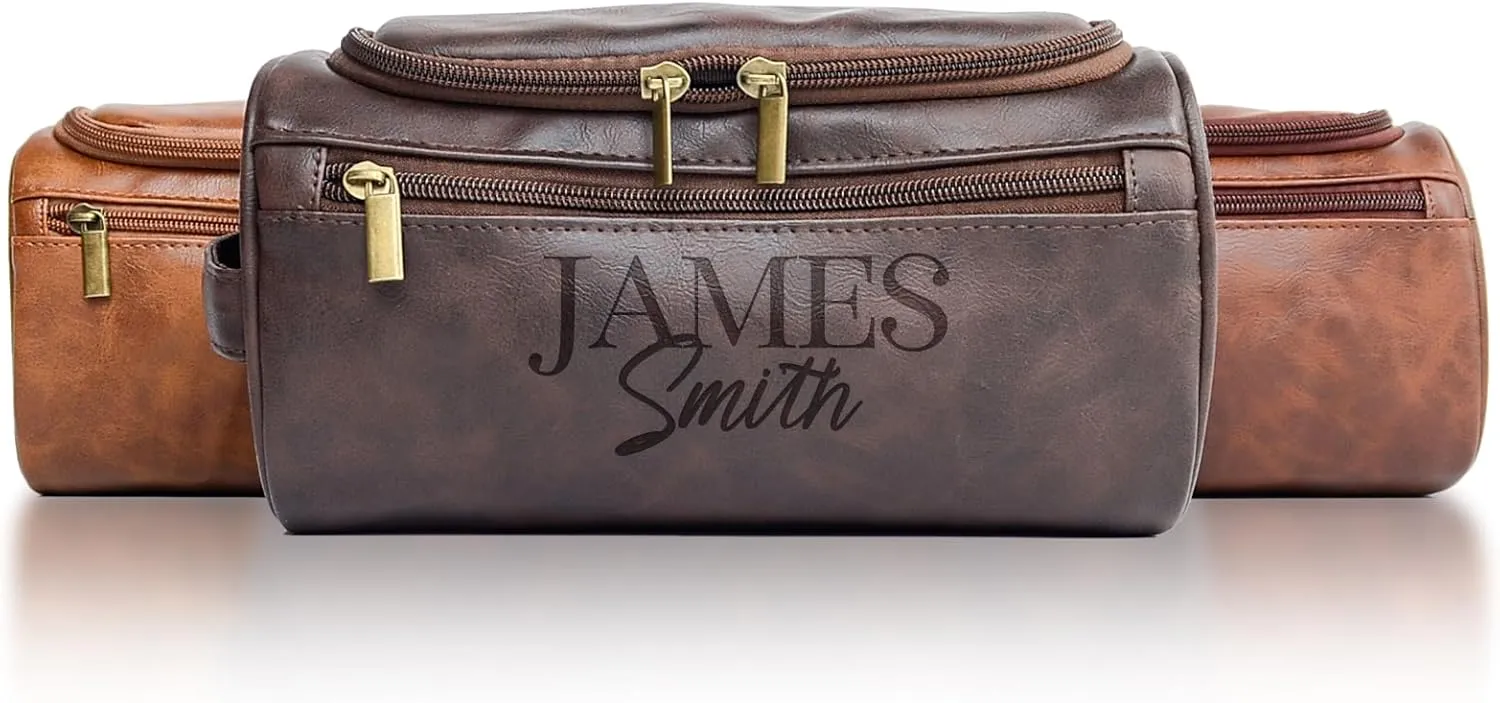 Personalized Toiletry Bag for Men, Customized PU Leather Dopp Kit, Custom Name Shaving Bag for Travel, Handcrafted Gift for Groomsmen, Dad, Husband, Grandpa, Christmas Day, Birthday - Dark Coffee
