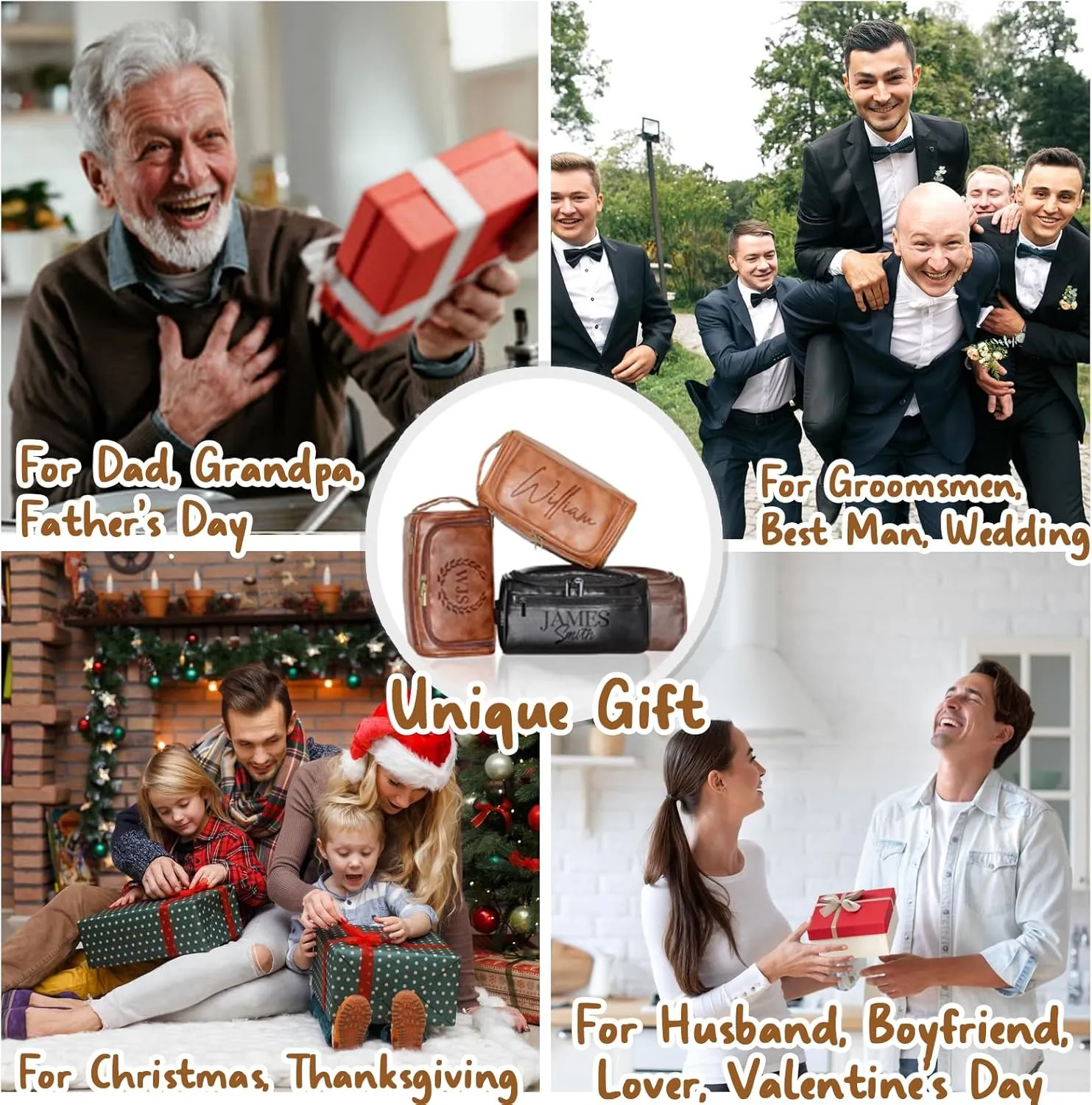 Personalized Toiletry Bag for Men, Customized PU Leather Dopp Kit, Custom Name Shaving Bag for Travel, Handcrafted Gift for Groomsmen, Dad, Husband, Grandpa, Christmas Day, Birthday - Dark Coffee