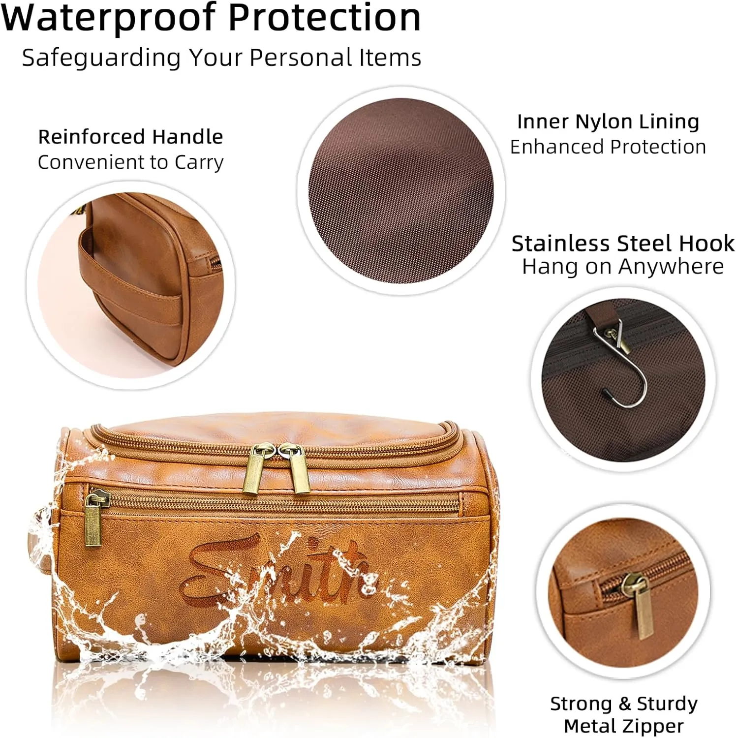 Personalized Toiletry Bag for Men, Customized PU Leather Dopp Kit, Custom Name Shaving Bag for Travel, Handcrafted Gift for Groomsmen, Dad, Husband, Grandpa, Christmas Day, Birthday - Dark Coffee