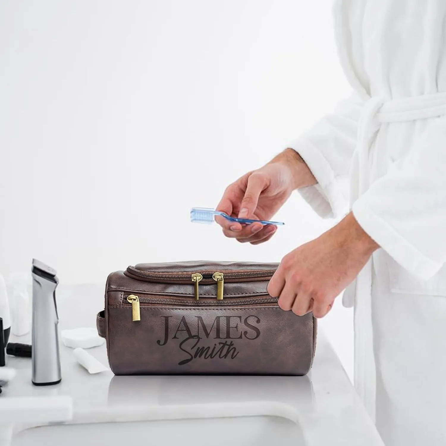 Personalized Toiletry Bag for Men, Customized PU Leather Dopp Kit, Custom Name Shaving Bag for Travel, Handcrafted Gift for Groomsmen, Dad, Husband, Grandpa, Christmas Day, Birthday - Dark Coffee