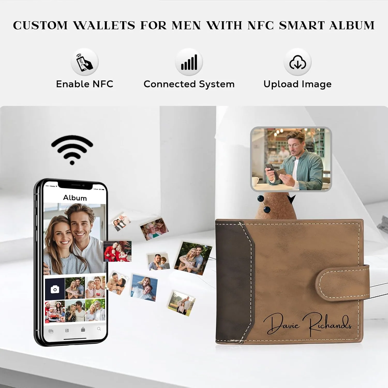 Personalized Wallet for Men – Custom Engraved Leather Wallet with NFC Smart Album – Store Photos & Engrave Name/Text – Unique Gift for Husband, Boyfriend, Dad (Brown & Black-With Snap Button)