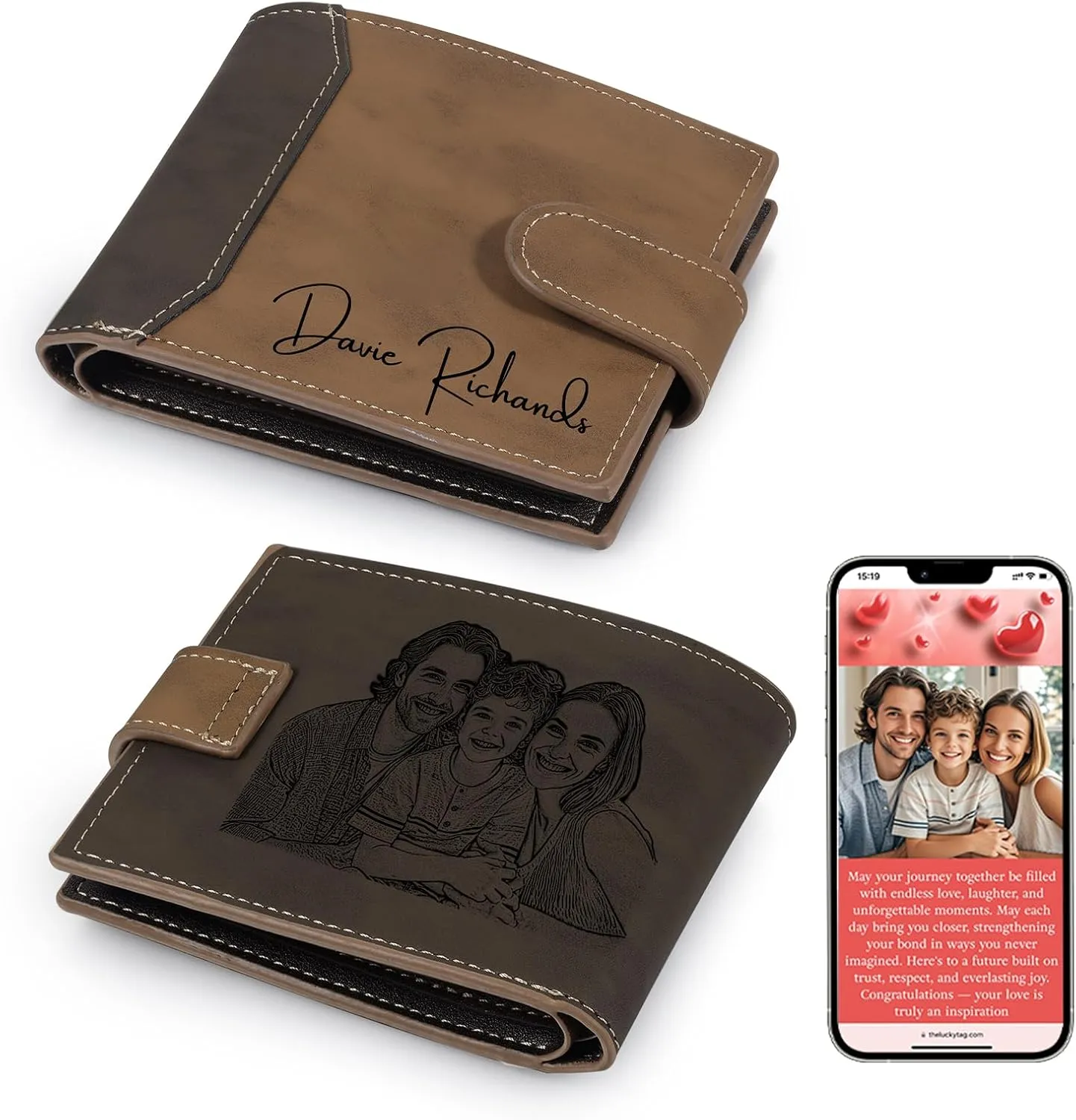 Personalized Wallet for Men – Custom Engraved Leather Wallet with NFC Smart Album – Store Photos & Engrave Name/Text – Unique Gift for Husband, Boyfriend, Dad (Brown & Black-With Snap Button)