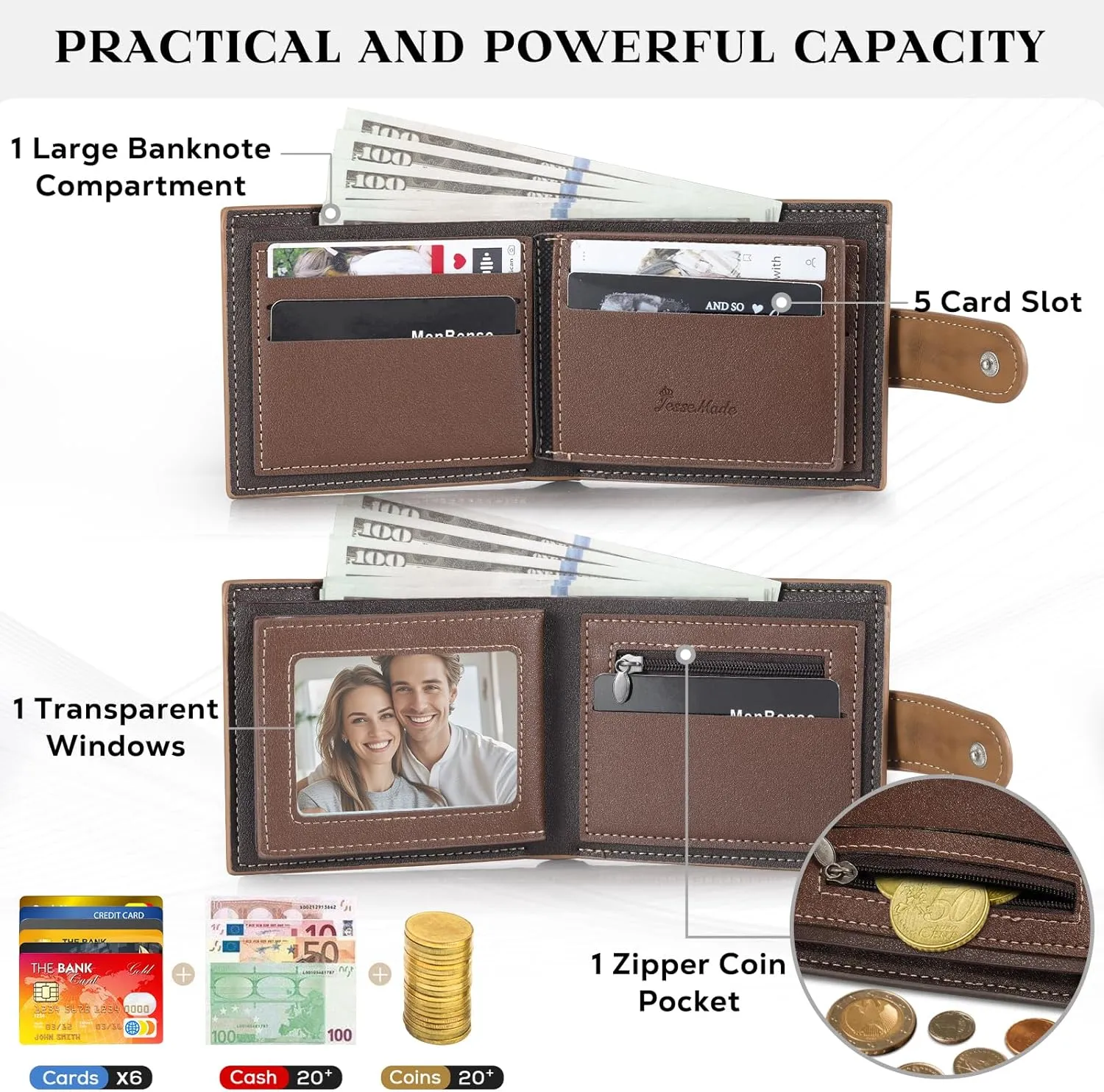 Personalized Wallet for Men – Custom Engraved Leather Wallet with NFC Smart Album – Store Photos & Engrave Name/Text – Unique Gift for Husband, Boyfriend, Dad (Brown & Black-With Snap Button)