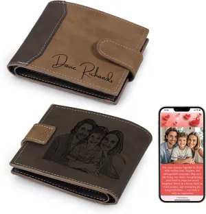 Personalized Wallet for Men – Custom Engraved Leather Wallet with NFC Smart Album – Store Photos & Engrave Name/Text – Unique Gift for Husband, Boyfriend, Dad (Brown & Black-With Snap Button)