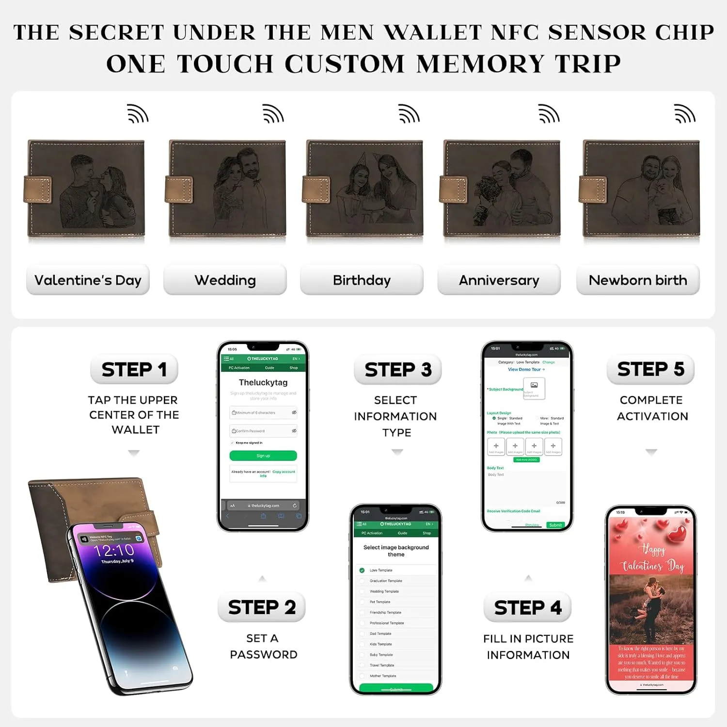 Personalized Wallet for Men – Custom Engraved Leather Wallet with NFC Smart Album – Store Photos & Engrave Name/Text – Unique Gift for Husband, Boyfriend, Dad (Brown & Black-With Snap Button)