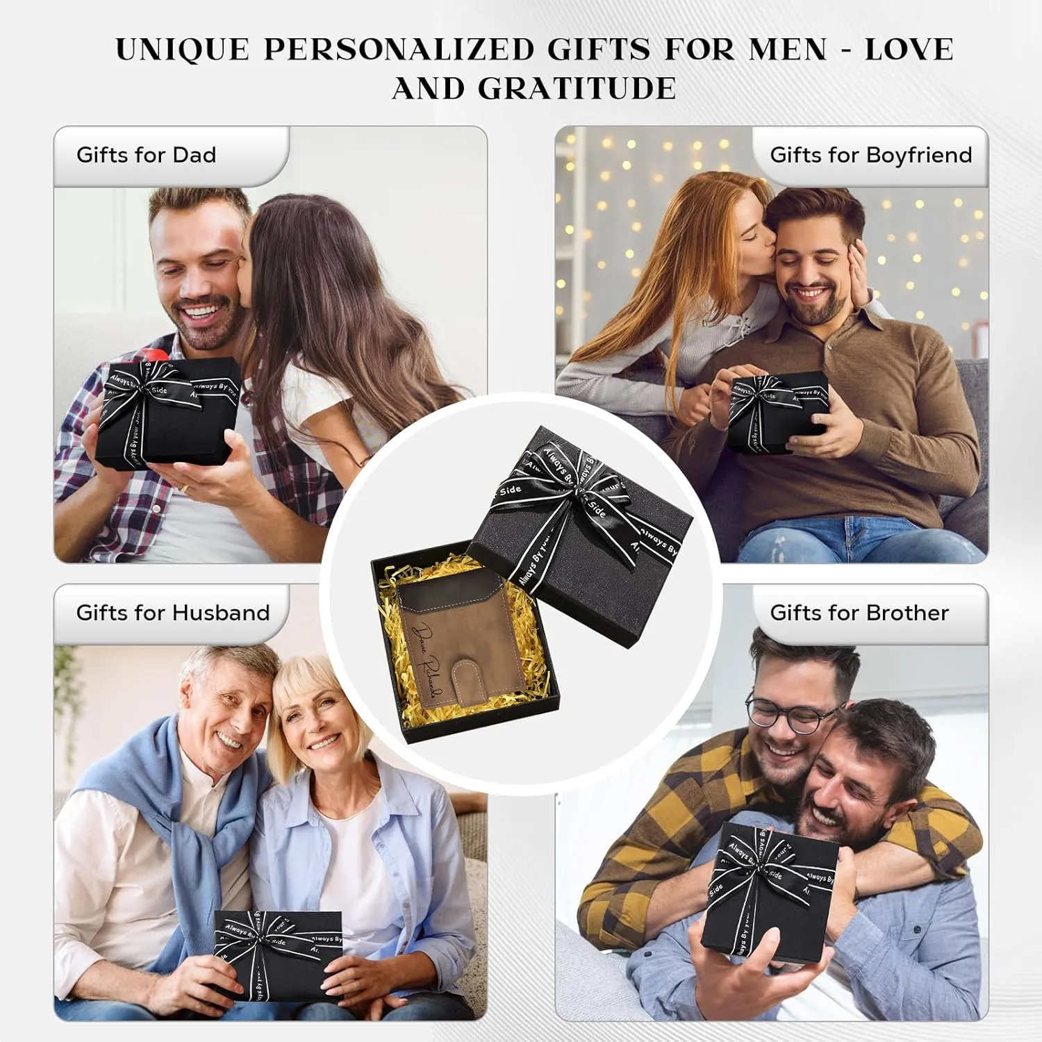 Personalized Wallet for Men – Custom Engraved Leather Wallet with NFC Smart Album – Store Photos & Engrave Name/Text – Unique Gift for Husband, Boyfriend, Dad (Brown & Black-With Snap Button)