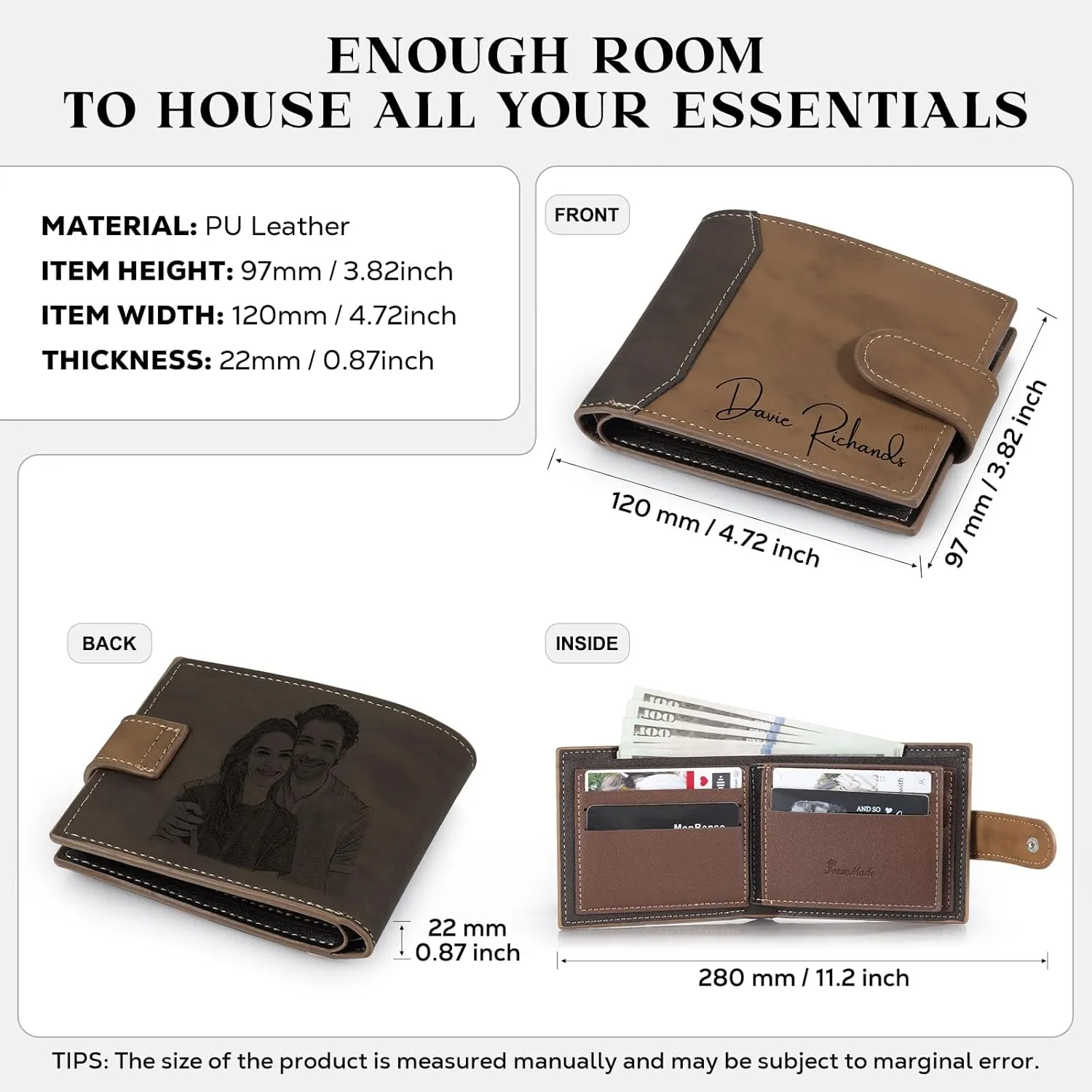 Personalized Wallet for Men – Custom Engraved Leather Wallet with NFC Smart Album – Store Photos & Engrave Name/Text – Unique Gift for Husband, Boyfriend, Dad (Brown & Black-With Snap Button)