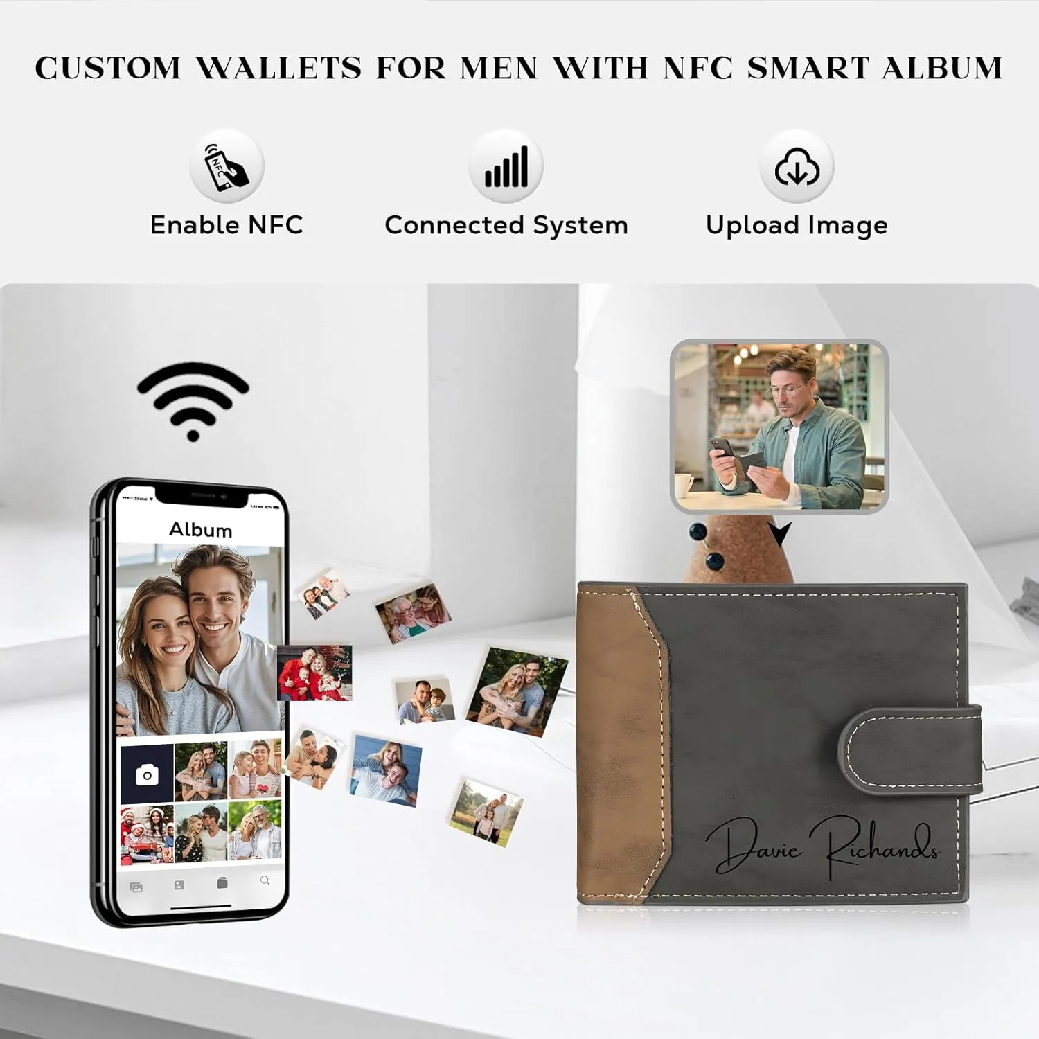 Personalized Wallet for Men – Custom Engraved Leather Wallet with NFC Smart Album – Store Photos & Engrave Name/Text – Unique Gift for Husband, Boyfriend, Dad (Gray & Black-With Snap Button)