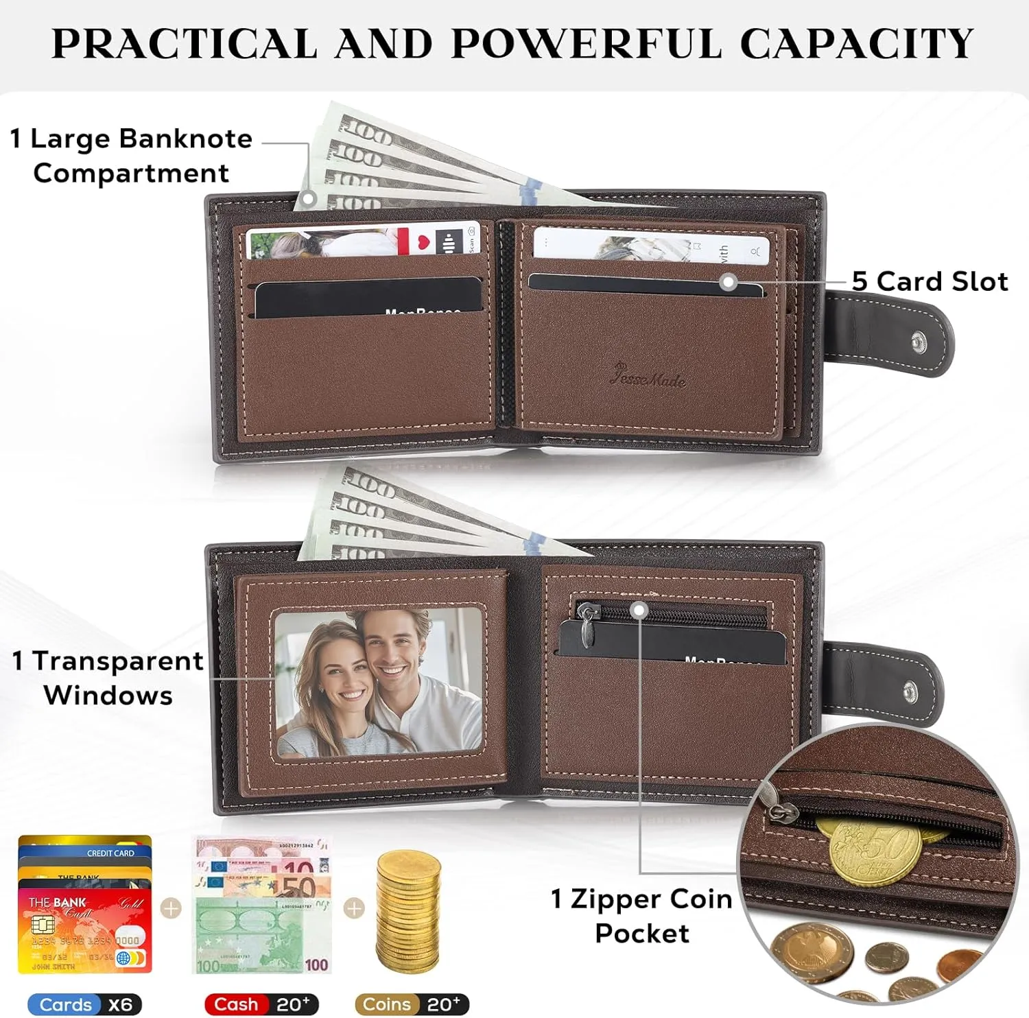 Personalized Wallet for Men – Custom Engraved Leather Wallet with NFC Smart Album – Store Photos & Engrave Name/Text – Unique Gift for Husband, Boyfriend, Dad (Gray & Black-With Snap Button)