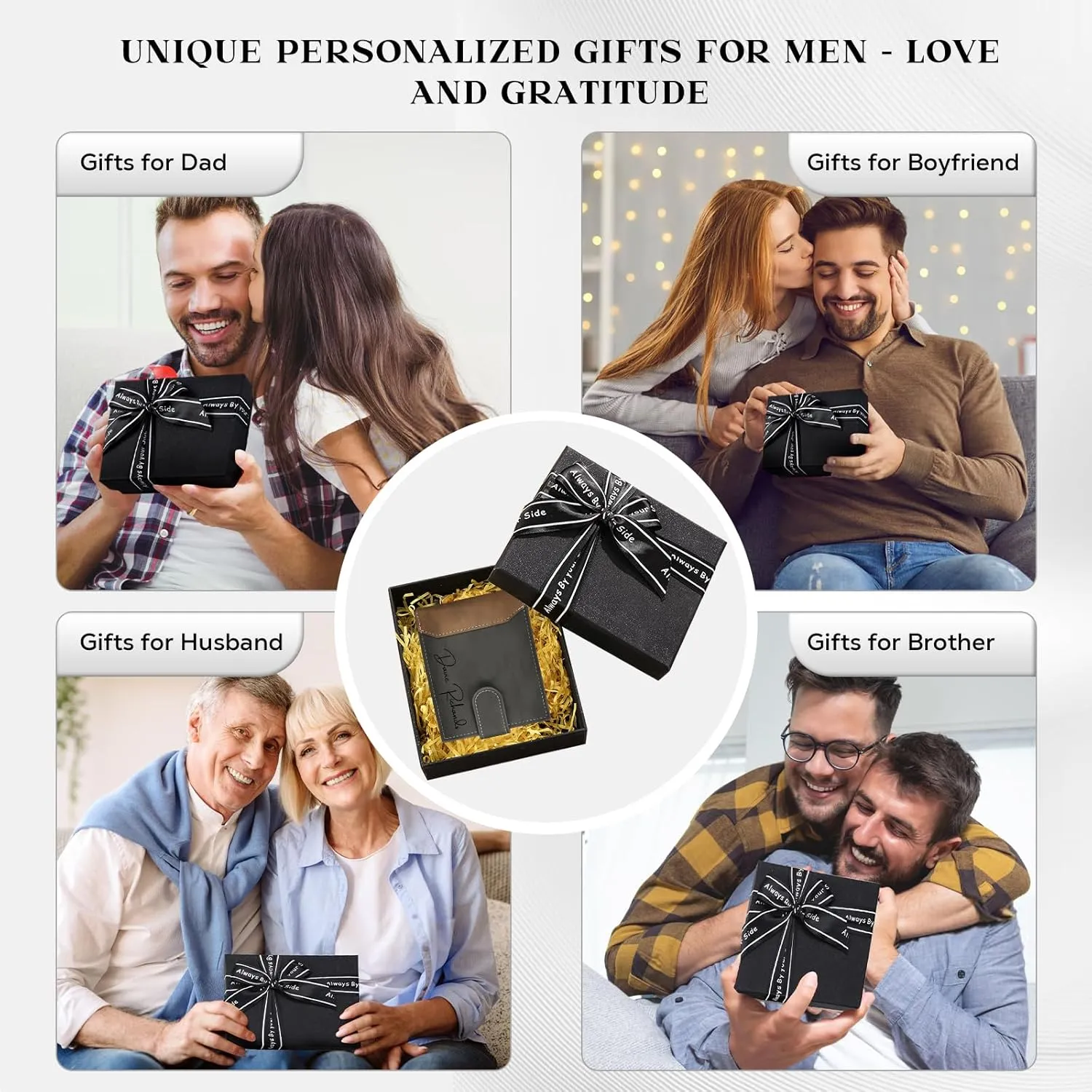Personalized Wallet for Men – Custom Engraved Leather Wallet with NFC Smart Album – Store Photos & Engrave Name/Text – Unique Gift for Husband, Boyfriend, Dad (Gray & Black-With Snap Button)