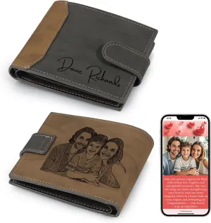 Personalized Wallet for Men – Custom Engraved Leather Wallet with NFC Smart Album – Store Photos & Engrave Name/Text – Unique Gift for Husband, Boyfriend, Dad (Gray & Black-With Snap Button)