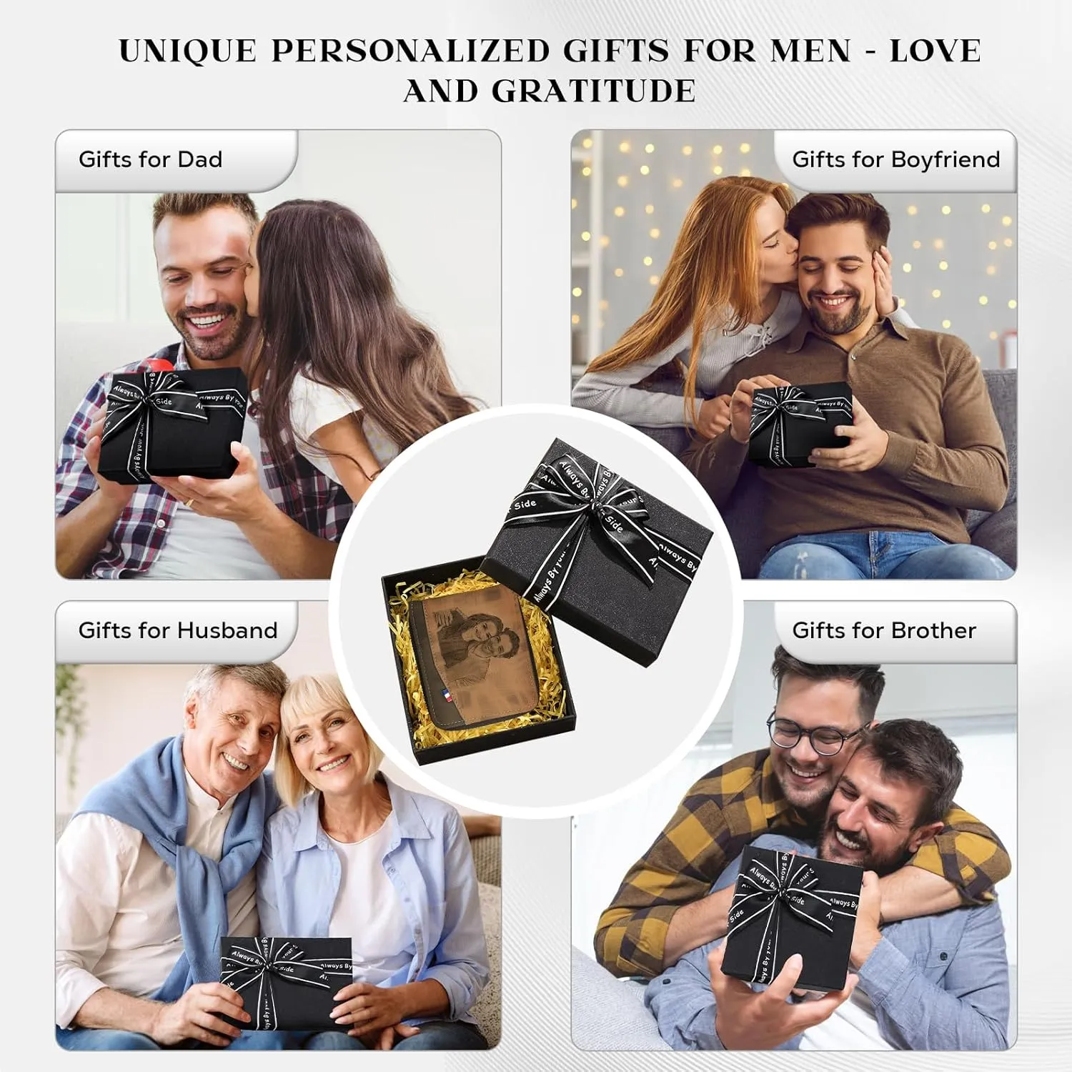 Personalized Wallet for Men – Custom Engraved Leather Wallet with NFC Smart Album – Store Photos & Engrave Name/Text – Unique Gift for Husband, Boyfriend, Dad (Light Brown - With Zipper)