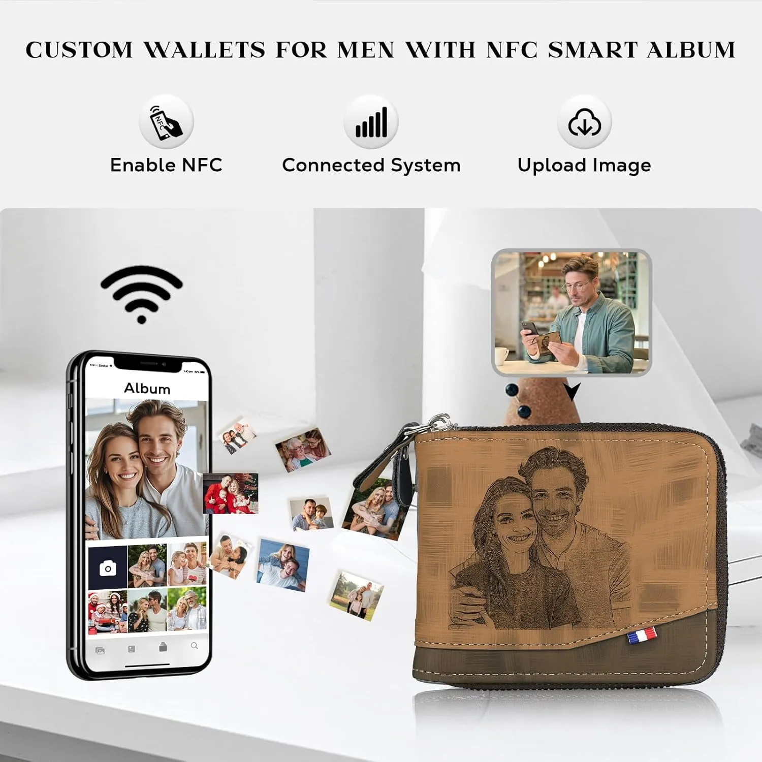 Personalized Wallet for Men – Custom Engraved Leather Wallet with NFC Smart Album – Store Photos & Engrave Name/Text – Unique Gift for Husband, Boyfriend, Dad (Light Brown - With Zipper)