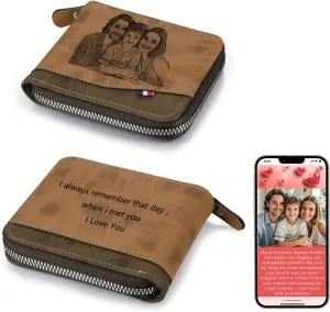 Personalized Wallet for Men – Custom Engraved Leather Wallet with NFC Smart Album – Store Photos & Engrave Name/Text – Unique Gift for Husband, Boyfriend, Dad (Light Brown - With Zipper)