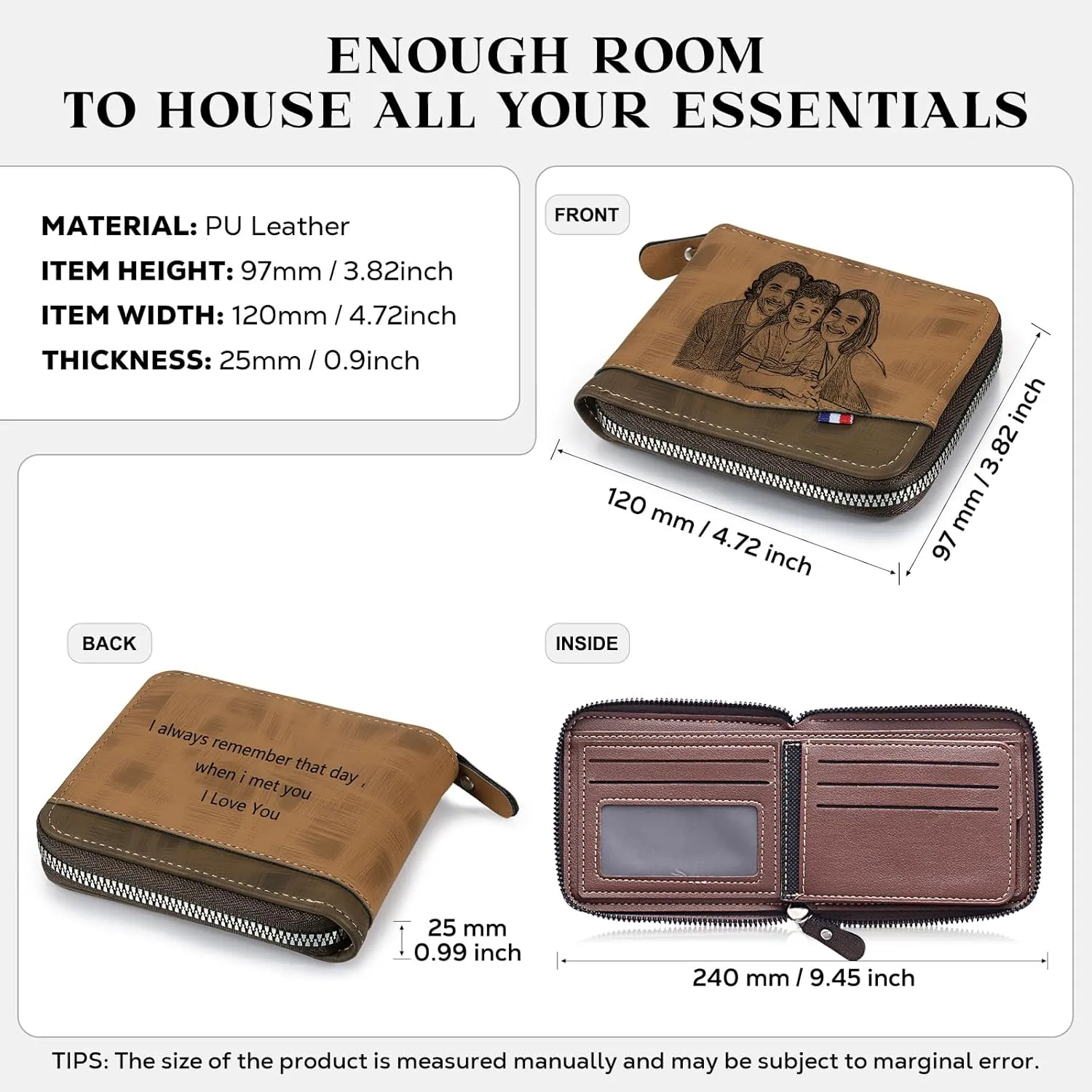 Personalized Wallet for Men – Custom Engraved Leather Wallet with NFC Smart Album – Store Photos & Engrave Name/Text – Unique Gift for Husband, Boyfriend, Dad (Light Brown - With Zipper)
