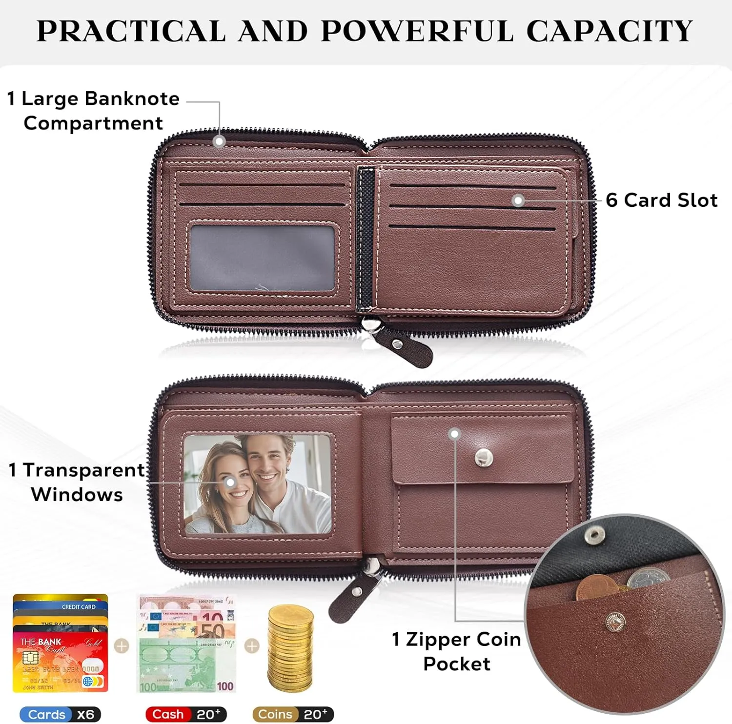 Personalized Wallet for Men – Custom Engraved Leather Wallet with NFC Smart Album – Store Photos & Engrave Name/Text – Unique Gift for Husband, Boyfriend, Dad (Light Brown - With Zipper)