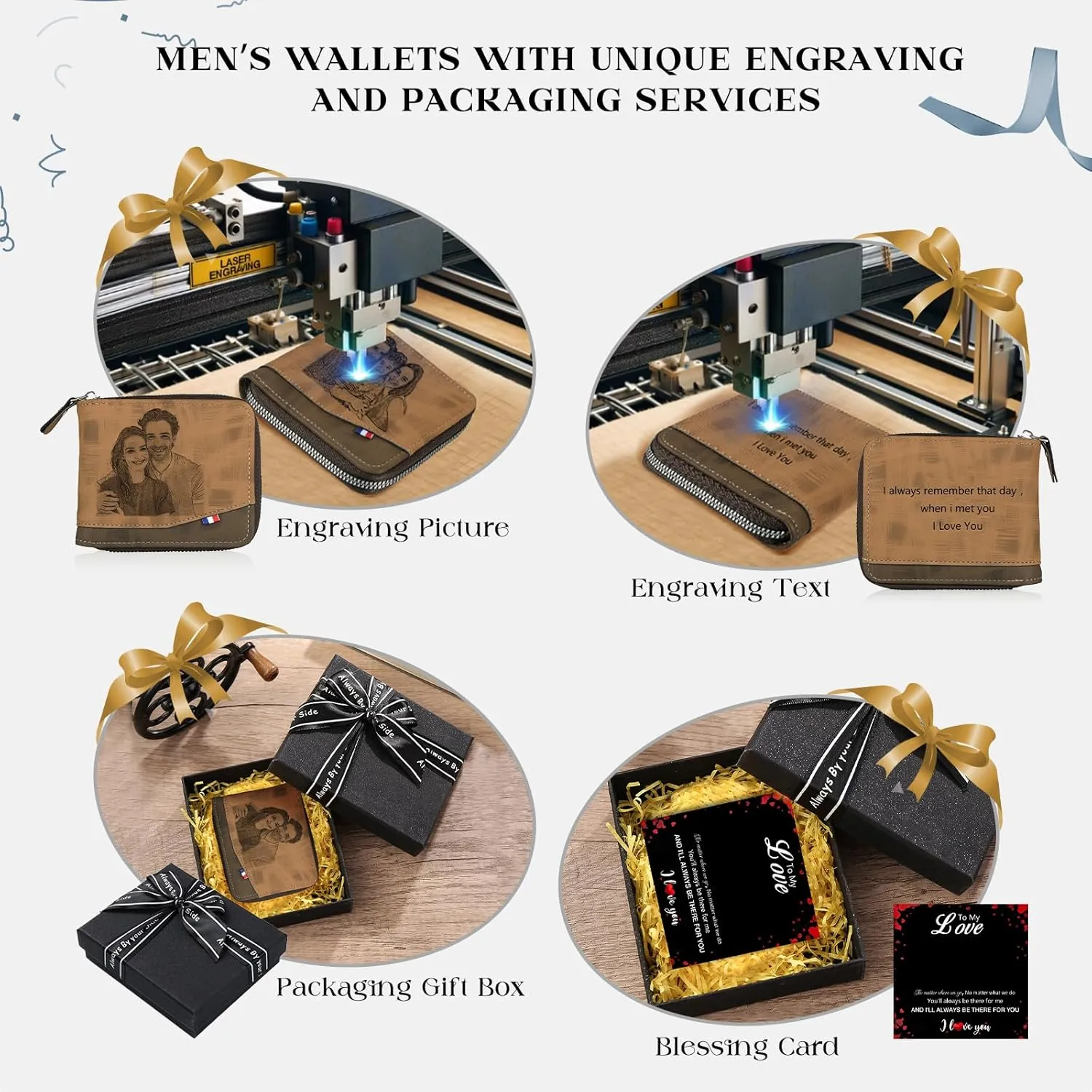 Personalized Wallet for Men – Custom Engraved Leather Wallet with NFC Smart Album – Store Photos & Engrave Name/Text – Unique Gift for Husband, Boyfriend, Dad (Light Brown - With Zipper)
