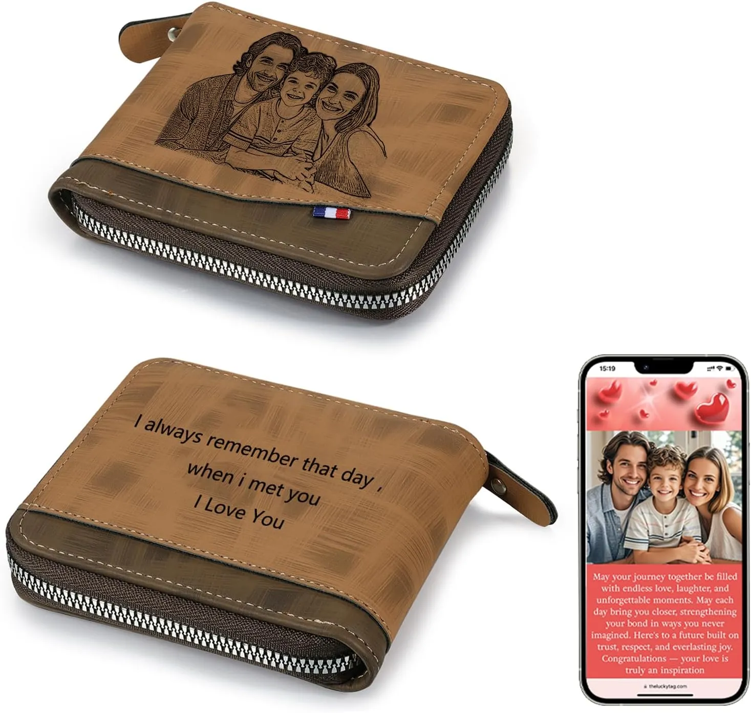 Personalized Wallet for Men – Custom Engraved Leather Wallet with NFC Smart Album – Store Photos & Engrave Name/Text – Unique Gift for Husband, Boyfriend, Dad (Light Brown - With Zipper)
