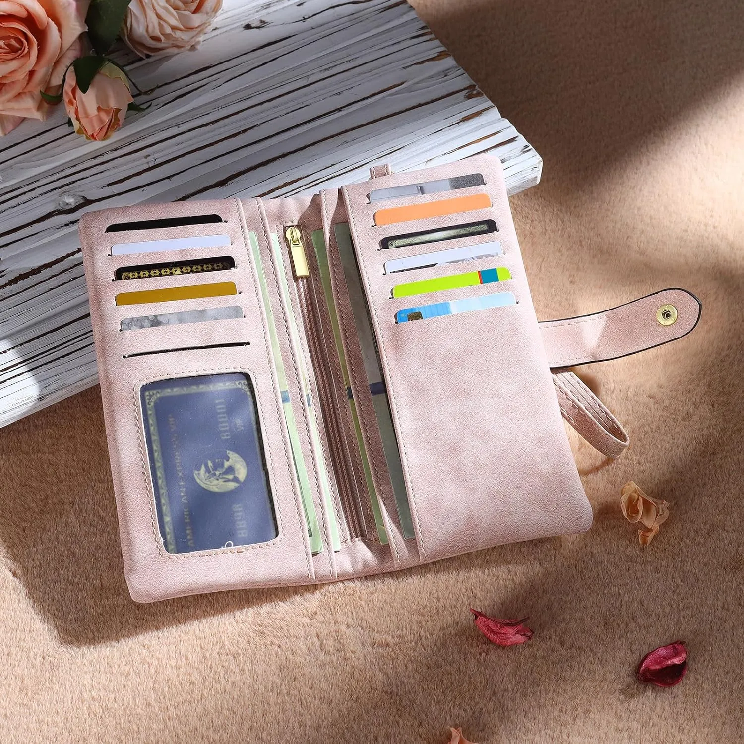 Personalized Wallet for Women Custom Birth Flower & Name Wristlet Women Wallets Leather Purse Card Holder Wallet Gifts for Mom (Pink)
