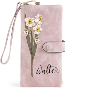 Personalized Wallet for Women Custom Birth Flower & Name Wristlet Women Wallets Leather Purse Card Holder Wallet Gifts for Mom (Pink)