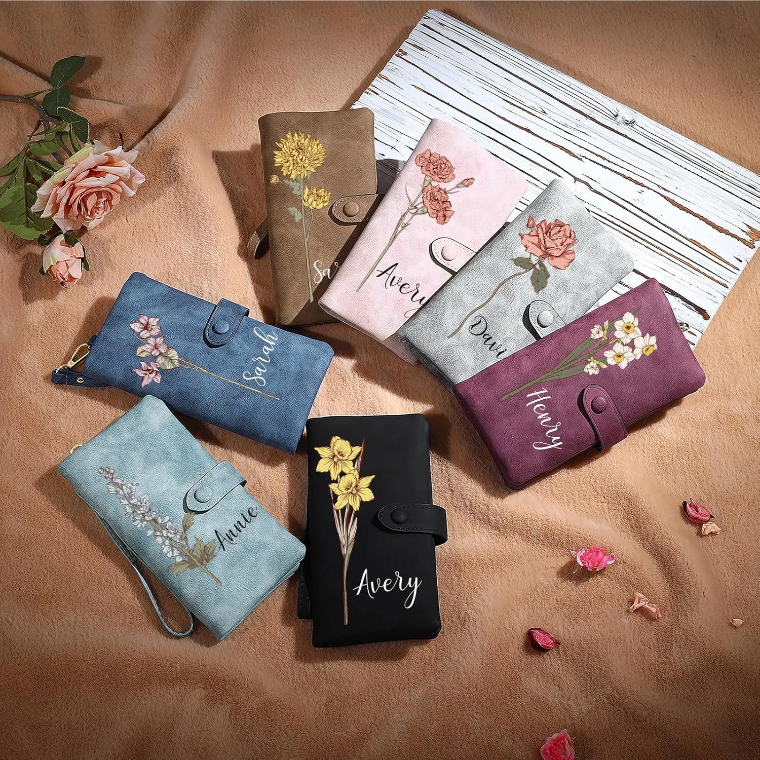Personalized Wallet for Women Custom Birth Flower & Name Wristlet Women Wallets Leather Purse Card Holder Wallet Gifts for Mom (Pink)