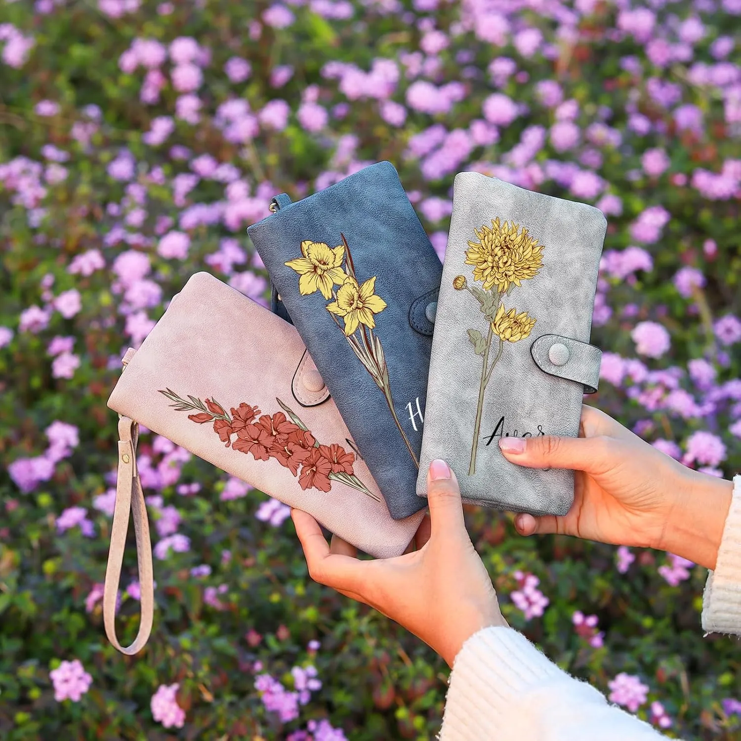 Personalized Wallet for Women Custom Birth Flower & Name Wristlet Women Wallets Leather Purse Card Holder Wallet Gifts for Mom (Pink)