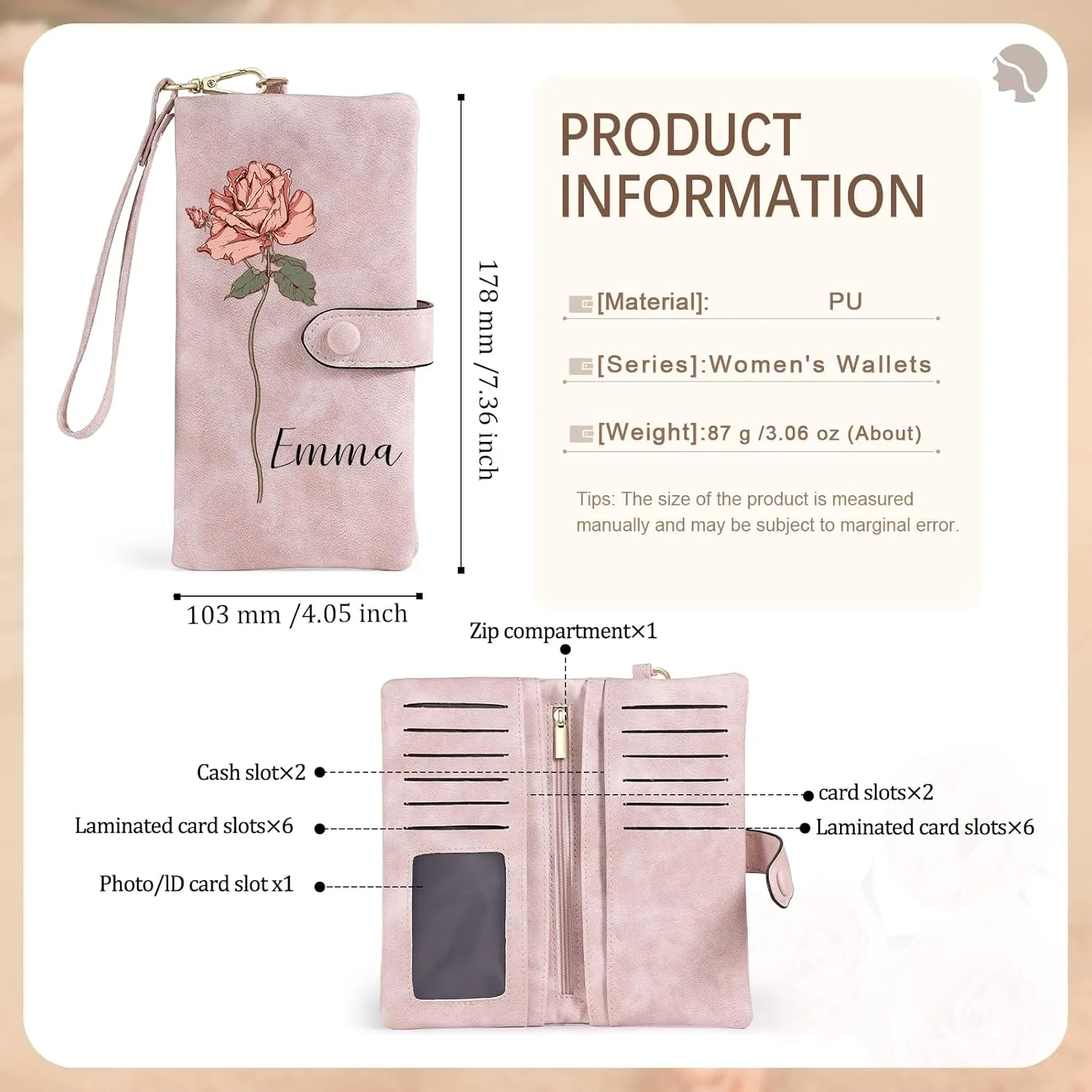 Personalized Wallet for Women Custom Birth Flower & Name Wristlet Women Wallets Leather Purse Card Holder Wallet Gifts for Mom (Pink)