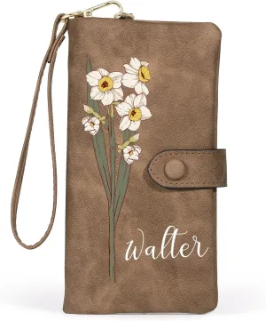 Personalized Wallet for Women Custom Birth Flower & Name Wristlet Women Wallets Leather Purse for Women Card Holder Wallet Gifts for Women Mom (Brown)