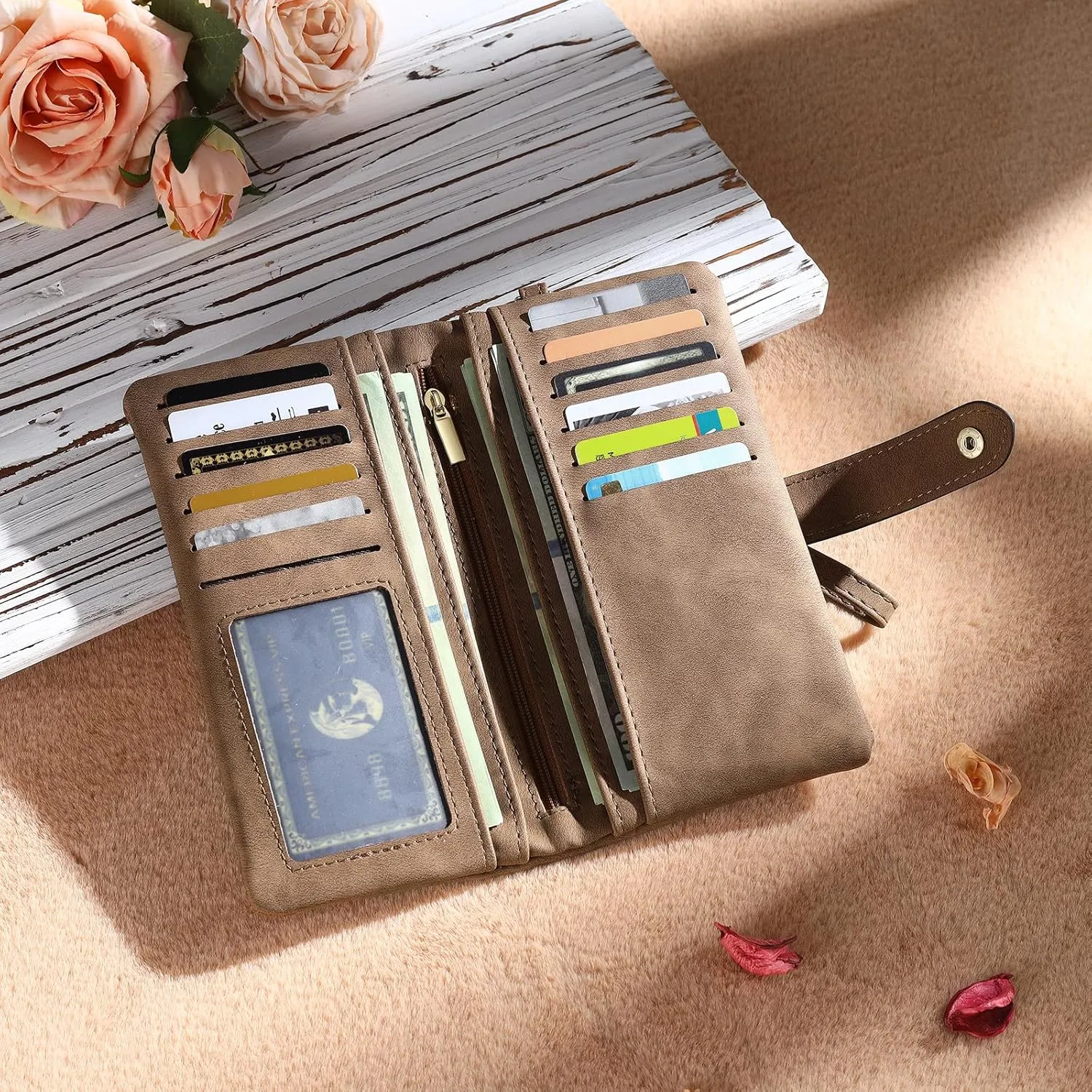 Personalized Wallet for Women Custom Birth Flower & Name Wristlet Women Wallets Leather Purse for Women Card Holder Wallet Gifts for Women Mom (Brown)