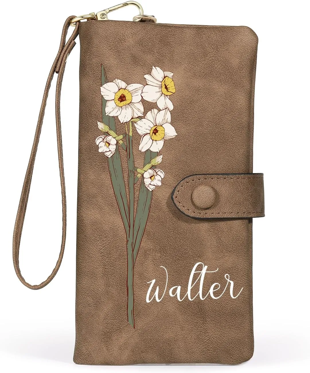 Personalized Wallet for Women Custom Birth Flower & Name Wristlet Women Wallets Leather Purse for Women Card Holder Wallet Gifts for Women Mom (Brown)