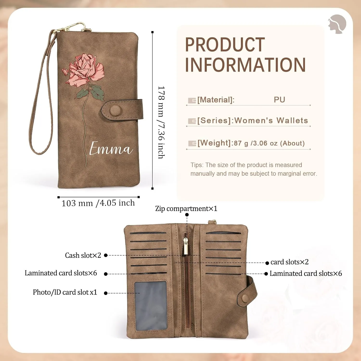 Personalized Wallet for Women Custom Birth Flower & Name Wristlet Women Wallets Leather Purse for Women Card Holder Wallet Gifts for Women Mom (Brown)