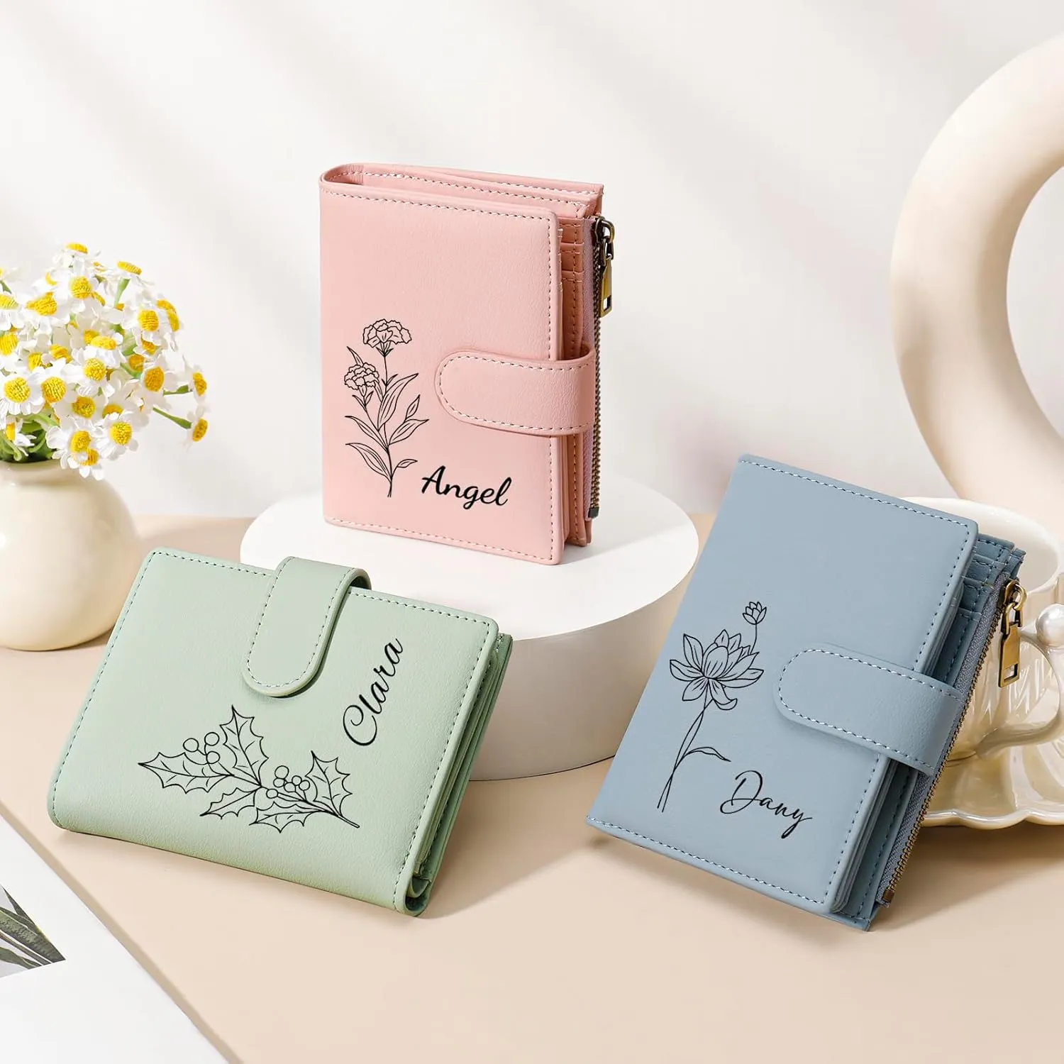 Personalized Wallets Women, RFID Blocking Bifold Zipper Pocket Wallet,Custom Birth Flower&Name Ladies Wallet, Small Leather Purse with ID Window, Customized Presents for Women(Pink)