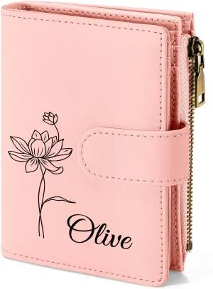 Personalized Wallets Women, RFID Blocking Bifold Zipper Pocket Wallet,Custom Birth Flower&Name Ladies Wallet, Small Leather Purse with ID Window, Customized Presents for Women(Pink)