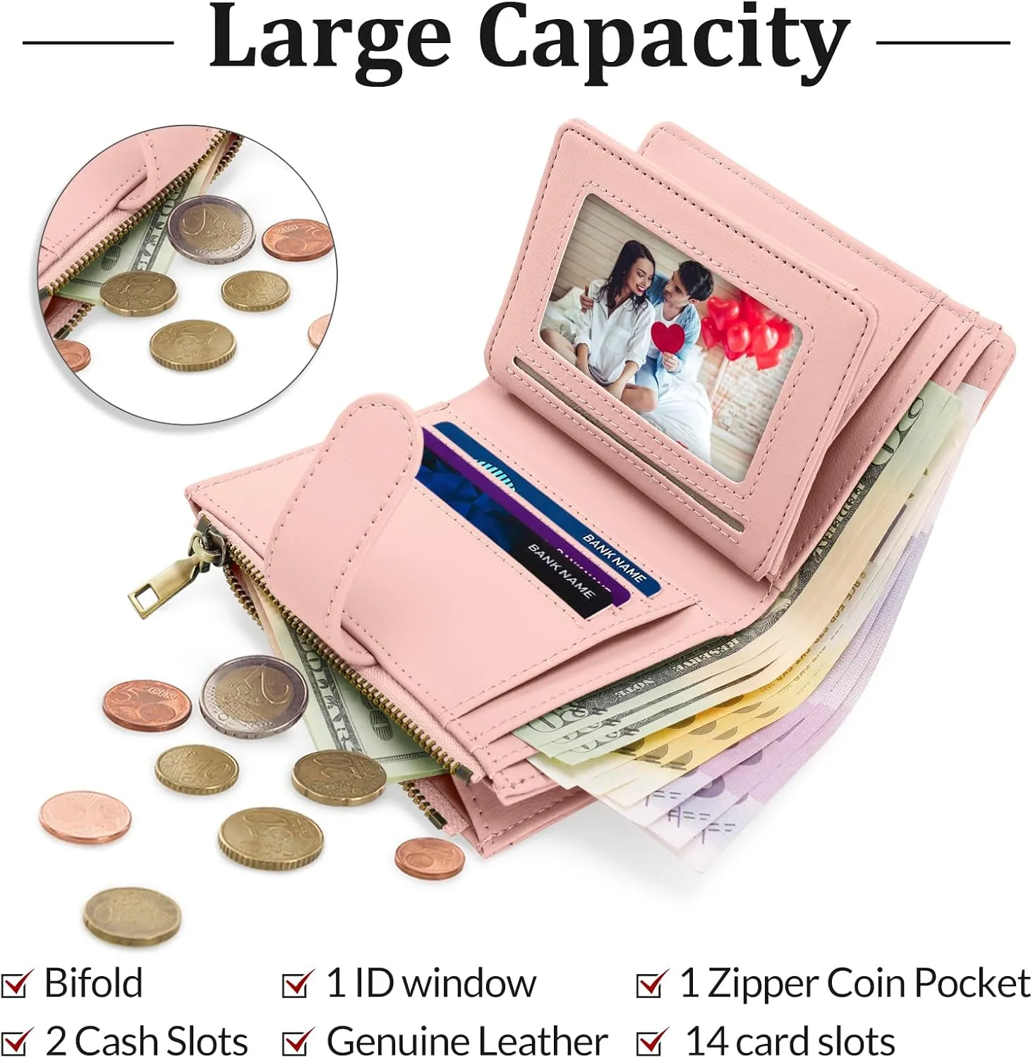 Personalized Wallets Women, RFID Blocking Bifold Zipper Pocket Wallet,Custom Birth Flower&Name Ladies Wallet, Small Leather Purse with ID Window, Customized Presents for Women(Pink)