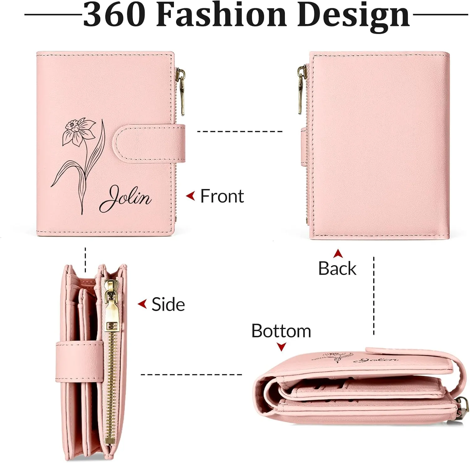 Personalized Wallets Women, RFID Blocking Bifold Zipper Pocket Wallet,Custom Birth Flower&Name Ladies Wallet, Small Leather Purse with ID Window, Customized Presents for Women(Pink)