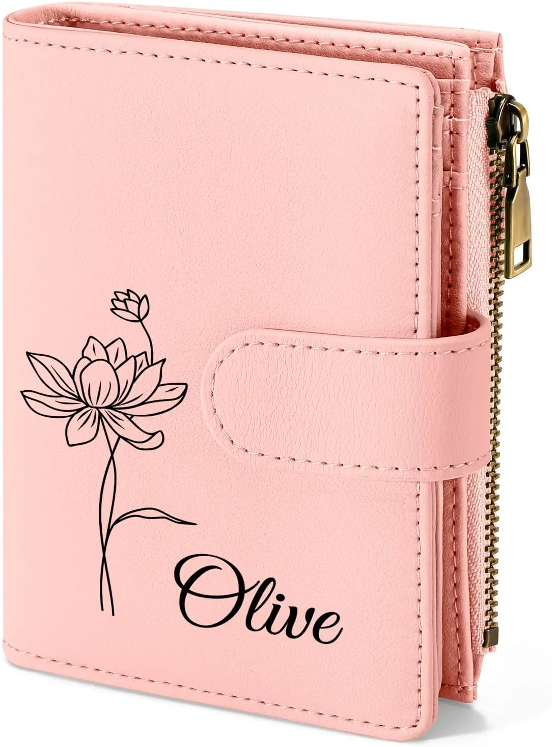 Personalized Wallets Women, RFID Blocking Bifold Zipper Pocket Wallet,Custom Birth Flower&Name Ladies Wallet, Small Leather Purse with ID Window, Customized Presents for Women(Pink)