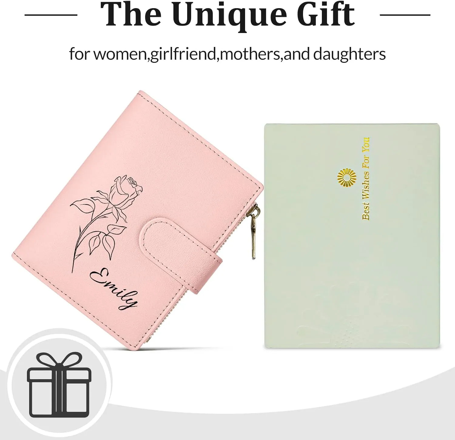 Personalized Wallets Women, RFID Blocking Bifold Zipper Pocket Wallet,Custom Birth Flower&Name Ladies Wallet, Small Leather Purse with ID Window, Customized Presents for Women(Pink)