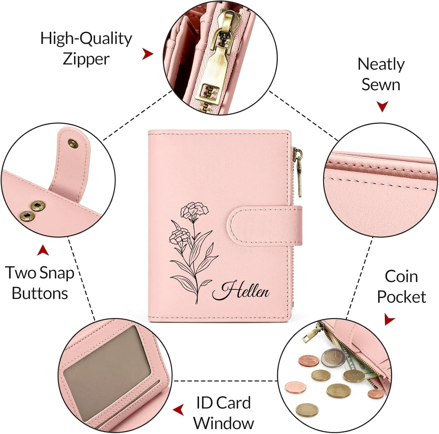 Personalized Wallets Women, RFID Blocking Bifold Zipper Pocket Wallet,Custom Birth Flower&Name Ladies Wallet, Small Leather Purse with ID Window, Customized Presents for Women(Pink)