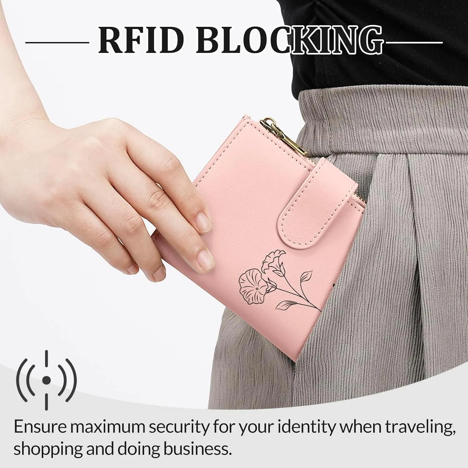 Personalized Wallets Women, RFID Blocking Bifold Zipper Pocket Wallet,Custom Birth Flower&Name Ladies Wallet, Small Leather Purse with ID Window, Customized Presents for Women(Pink)