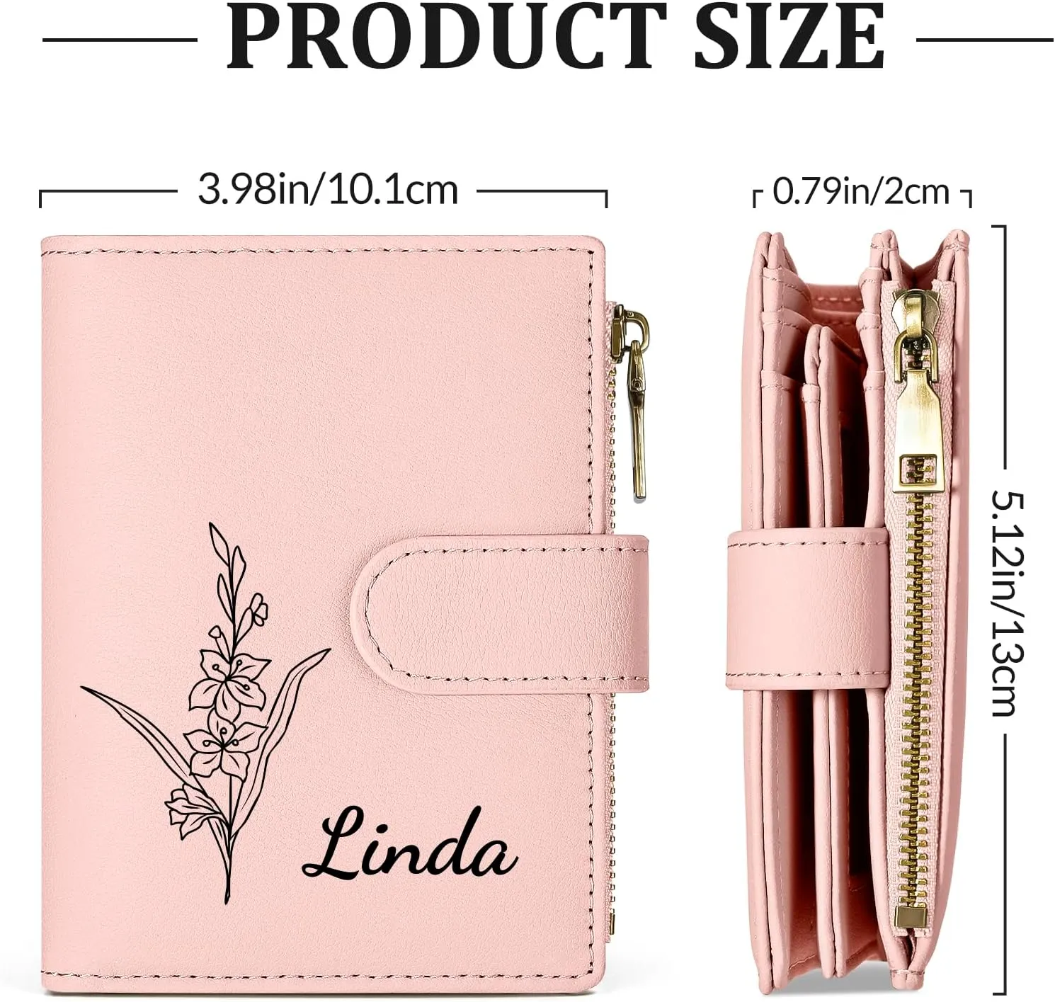 Personalized Wallets Women, RFID Blocking Bifold Zipper Pocket Wallet,Custom Birth Flower&Name Ladies Wallet, Small Leather Purse with ID Window, Customized Presents for Women(Pink)