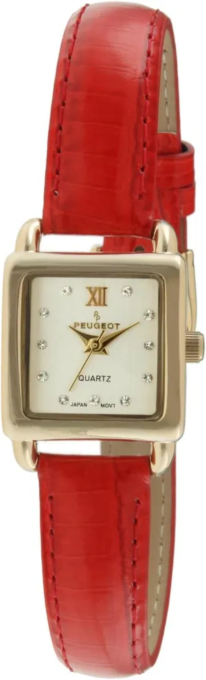 Peugeot Ladies Mini Square Crystal Gold-Tone Dial Blood Orange Red Leather Watch