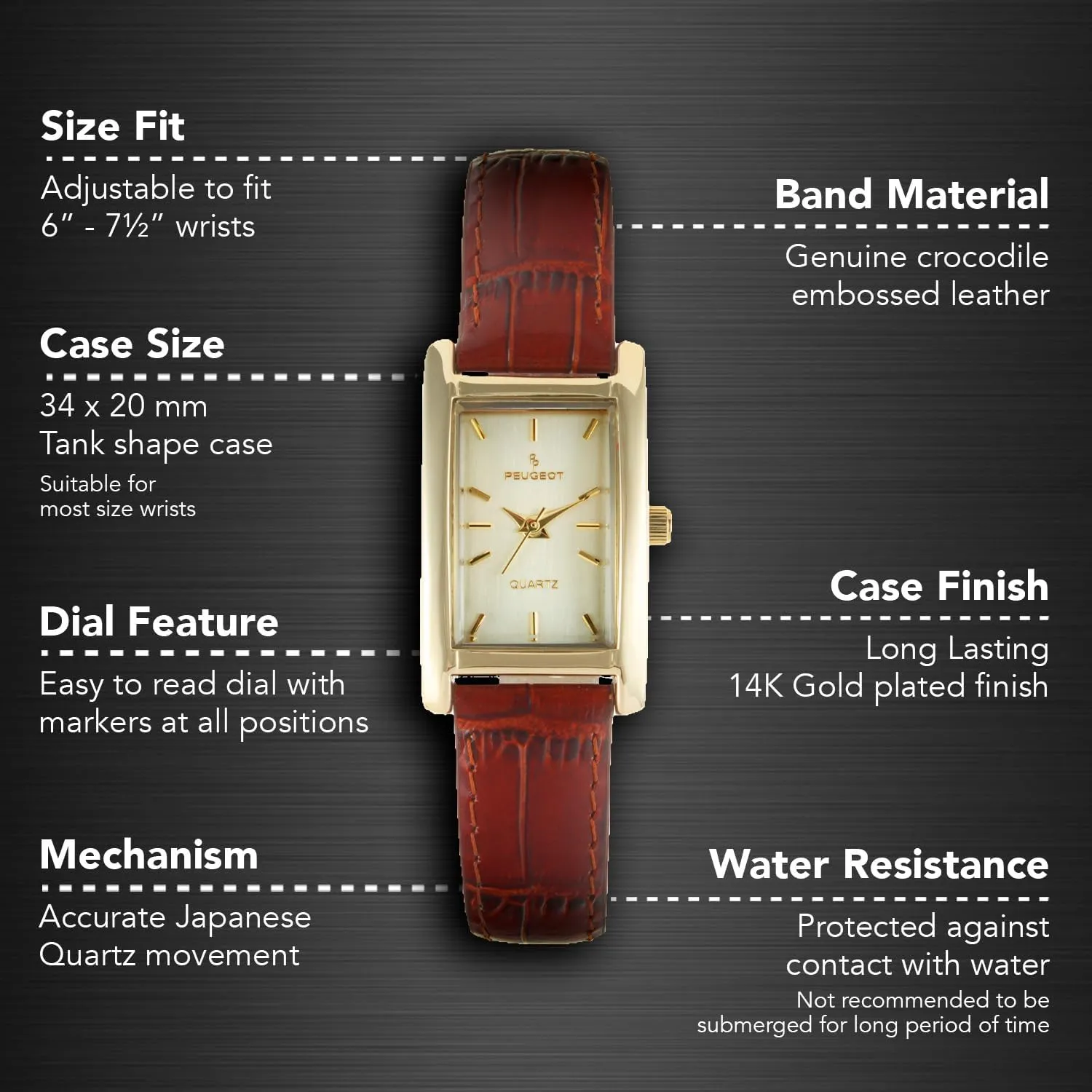 Peugeot Women's Classic 14Kt Gold Plated Watch, Rectangular Tank Shape Case with Leather Band and Easy to Read Dial
