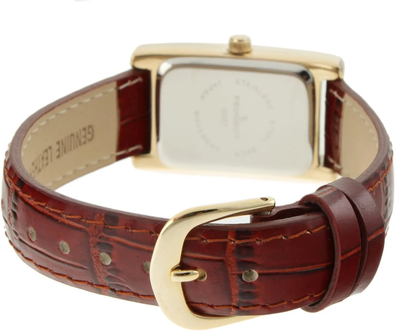 Peugeot Women's Classic 14Kt Gold Plated Watch, Rectangular Tank Shape Case with Leather Band and Easy to Read Dial