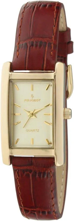 Peugeot Women's Classic 14Kt Gold Plated Watch, Rectangular Tank Shape Case with Leather Band and Easy to Read Dial