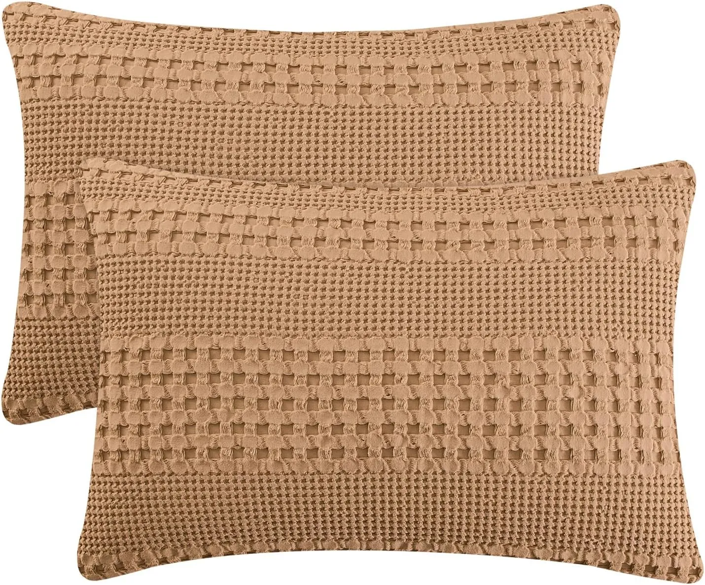 PHF 100% Cotton Waffle Pillow Shams King Size, 2 Pack 20" x 36" Soft Skin-Friendly Pillowcases, No Filling, Aesthetic Woven and Breathable Waffle Weave Pillow Case Covers for Bed, Camel