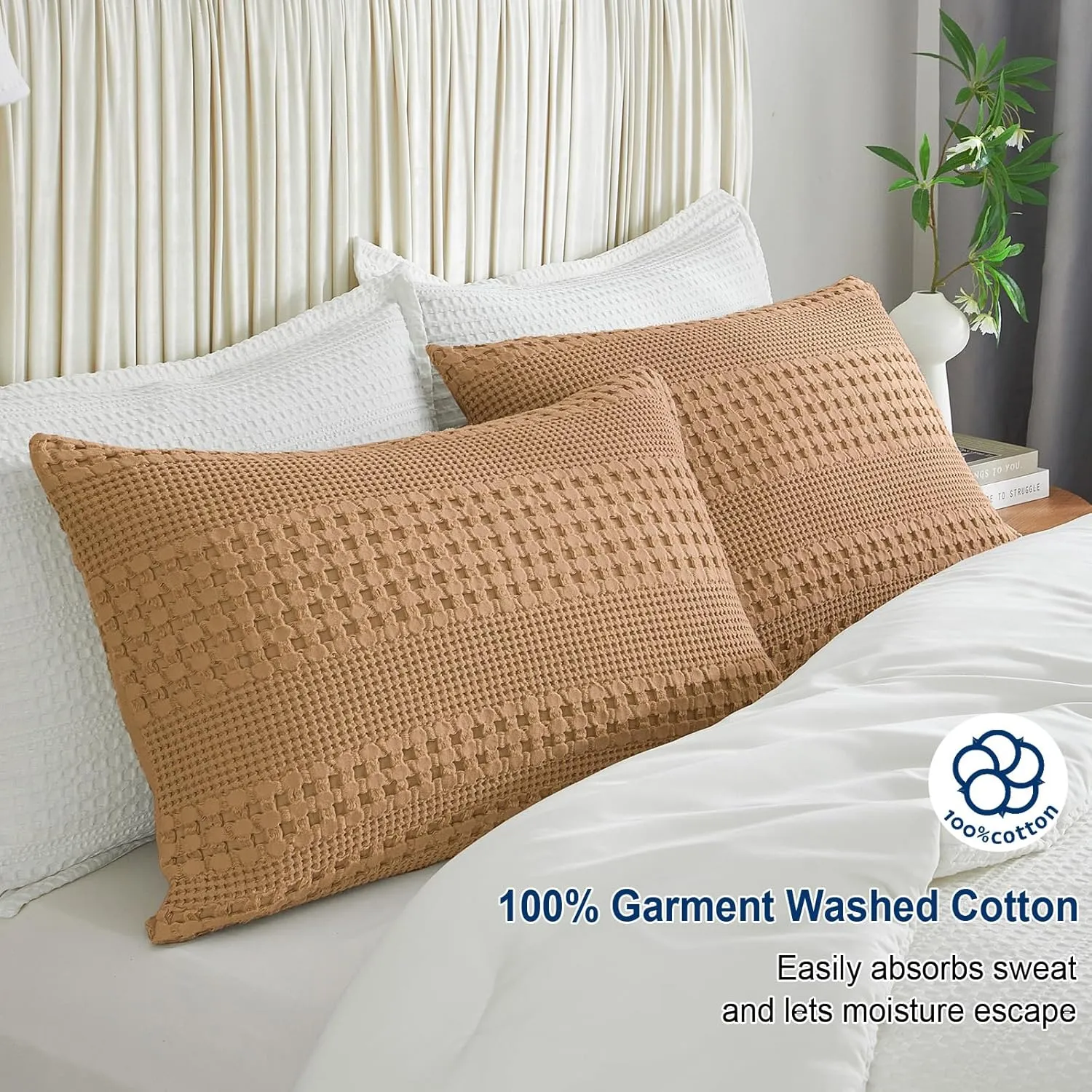 PHF 100% Cotton Waffle Pillow Shams King Size, 2 Pack 20" x 36" Soft Skin-Friendly Pillowcases, No Filling, Aesthetic Woven and Breathable Waffle Weave Pillow Case Covers for Bed, Camel