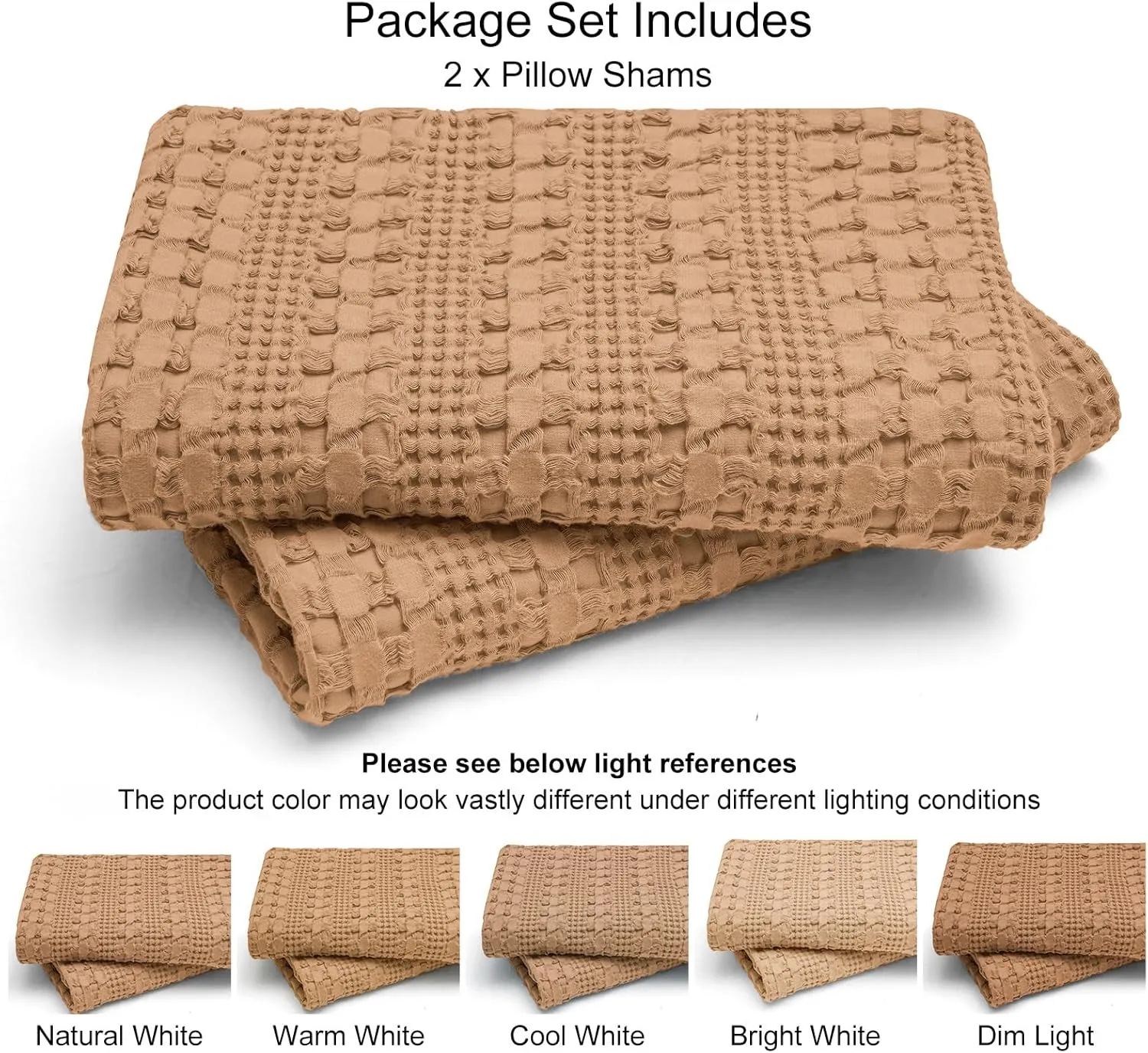 PHF 100% Cotton Waffle Pillow Shams King Size, 2 Pack 20" x 36" Soft Skin-Friendly Pillowcases, No Filling, Aesthetic Woven and Breathable Waffle Weave Pillow Case Covers for Bed, Camel