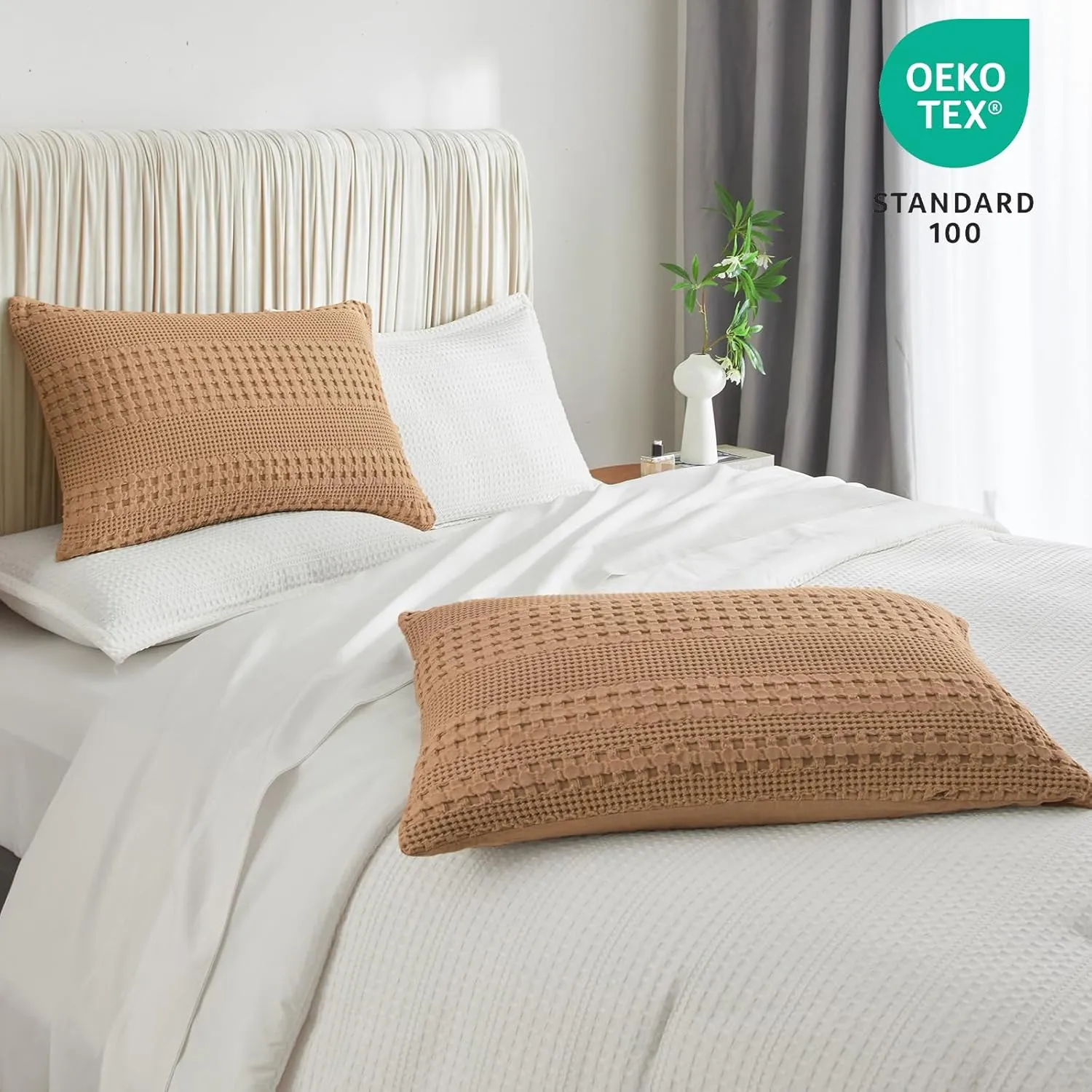 PHF 100% Cotton Waffle Pillow Shams King Size, 2 Pack 20" x 36" Soft Skin-Friendly Pillowcases, No Filling, Aesthetic Woven and Breathable Waffle Weave Pillow Case Covers for Bed, Camel