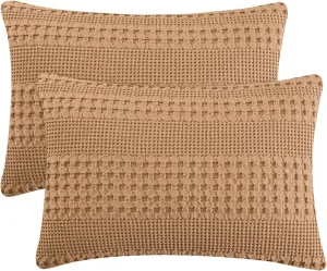PHF 100% Cotton Waffle Pillow Shams King Size, 2 Pack 20" x 36" Soft Skin-Friendly Pillowcases, No Filling, Aesthetic Woven and Breathable Waffle Weave Pillow Case Covers for Bed, Camel