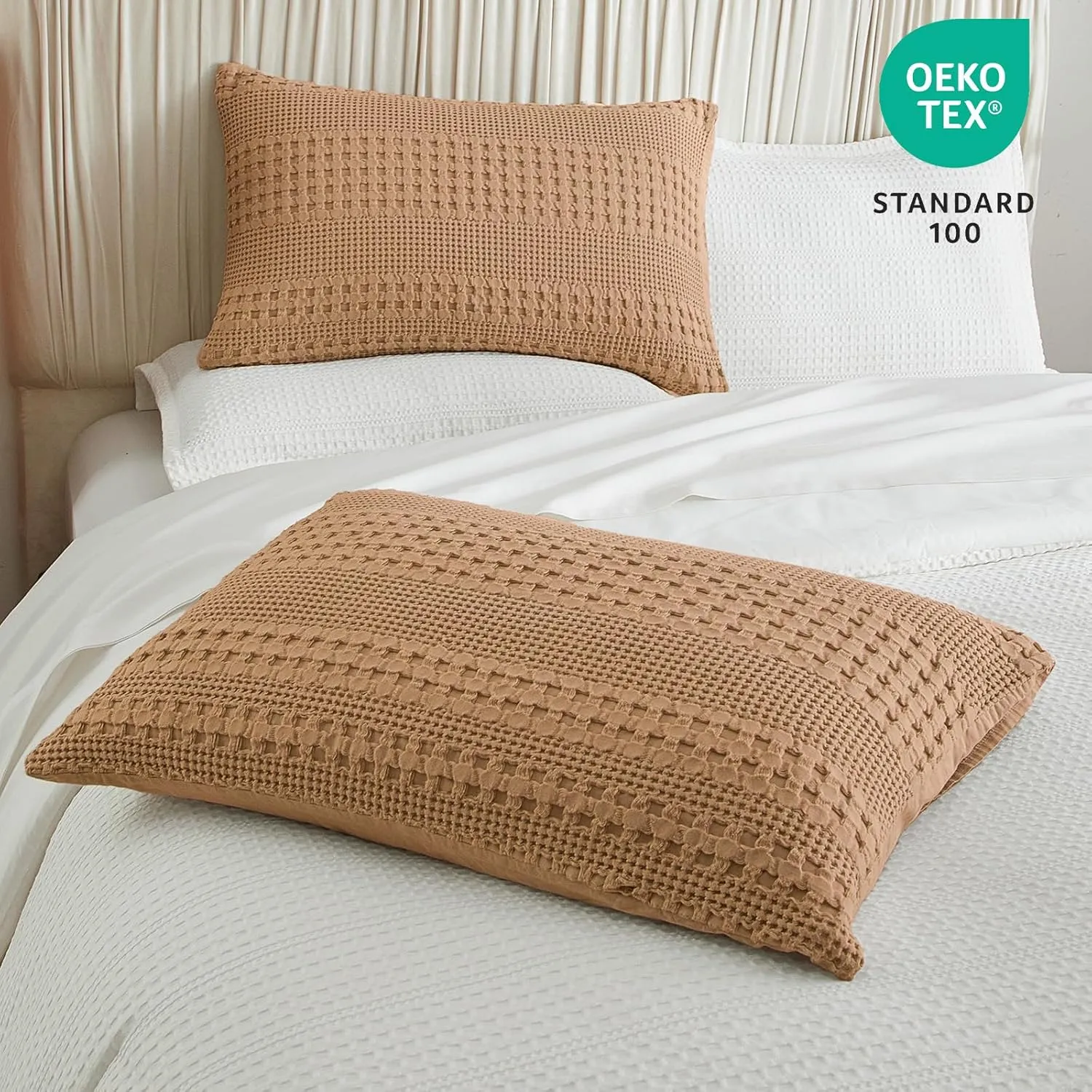 PHF 100% Cotton Waffle Pillow Shams King Size, 2 Pack 20" x 36" Soft Skin-Friendly Pillowcases, No Filling, Aesthetic Woven and Breathable Waffle Weave Pillow Case Covers for Bed, Camel